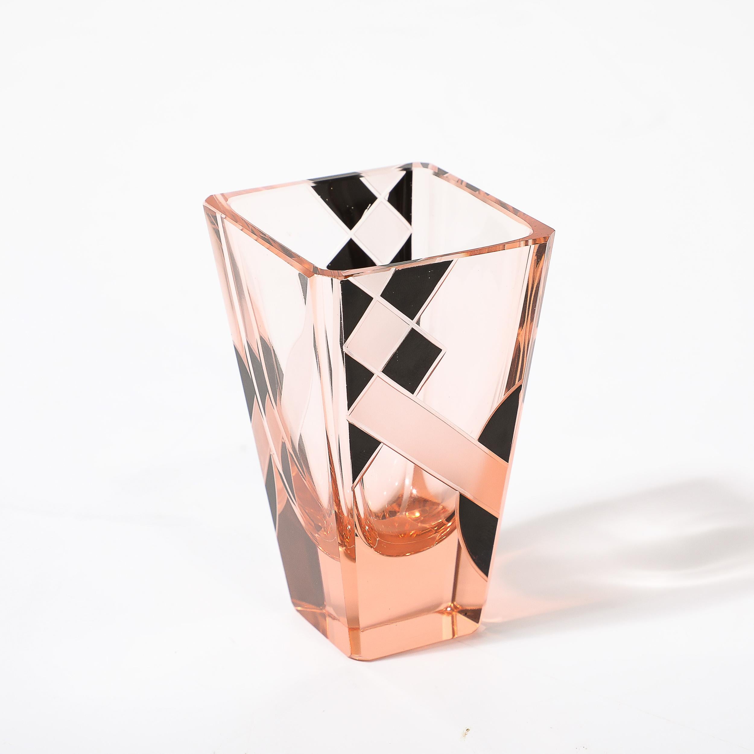 Art Deco Bohemia Glass Cubist Decanter Set in Smoked Rose W/ Diamond Patterning 8