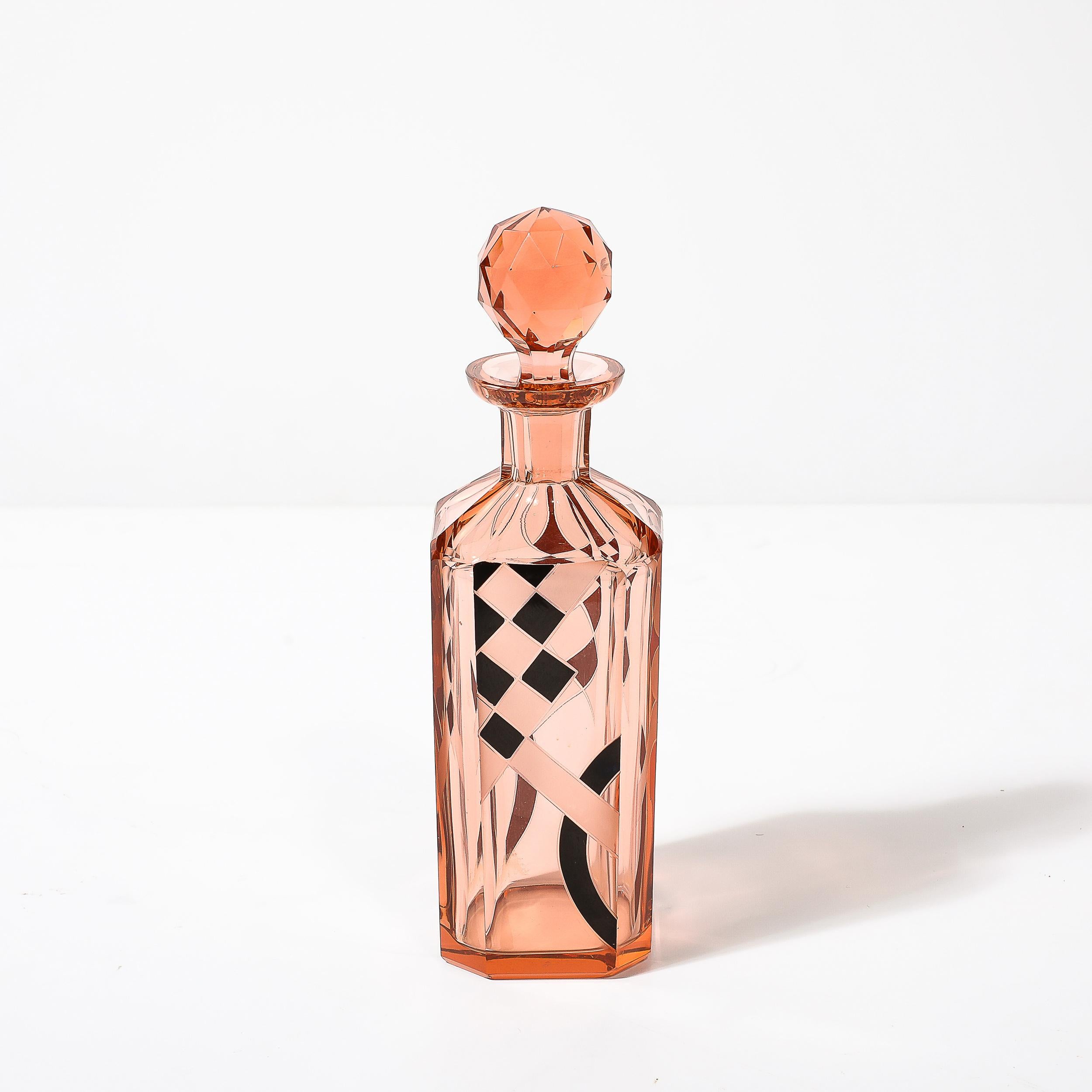 Art Deco Bohemia Glass Cubist Decanter Set in Smoked Rose W/ Diamond Patterning 9