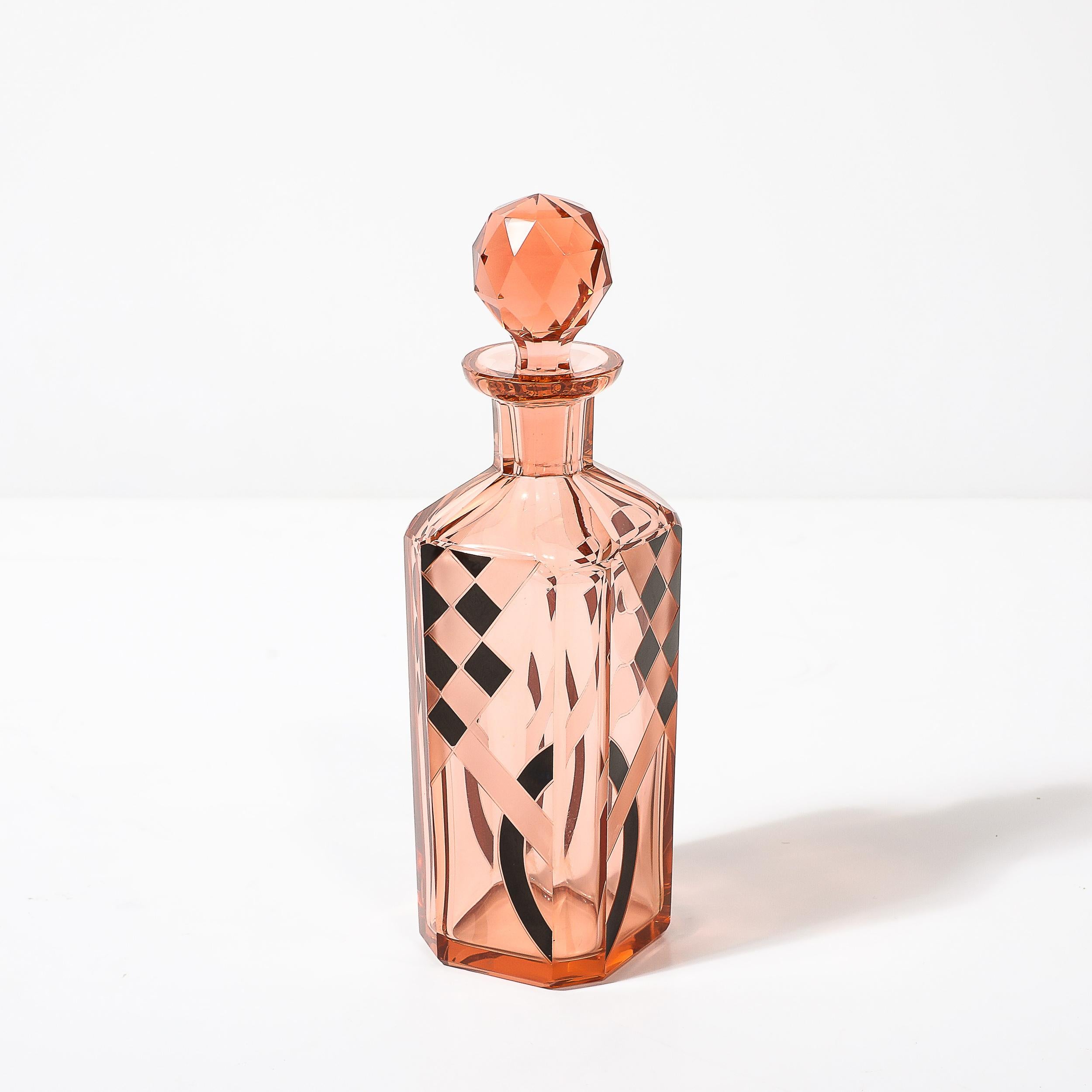 Art Deco Bohemia Glass Cubist Decanter Set in Smoked Rose W/ Diamond Patterning 10