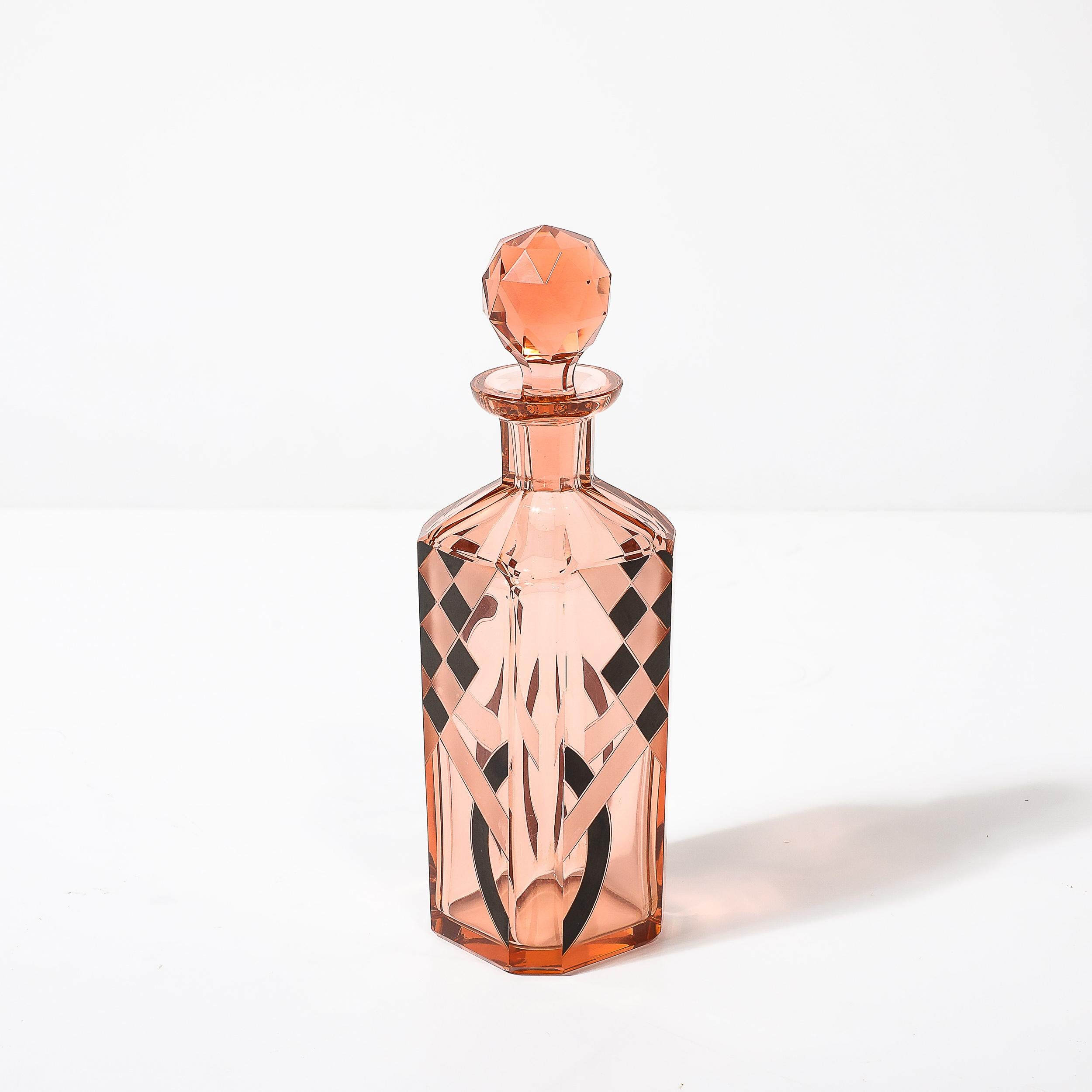 Art Deco Bohemia Glass Cubist Decanter Set in Smoked Rose W/ Diamond Patterning 11