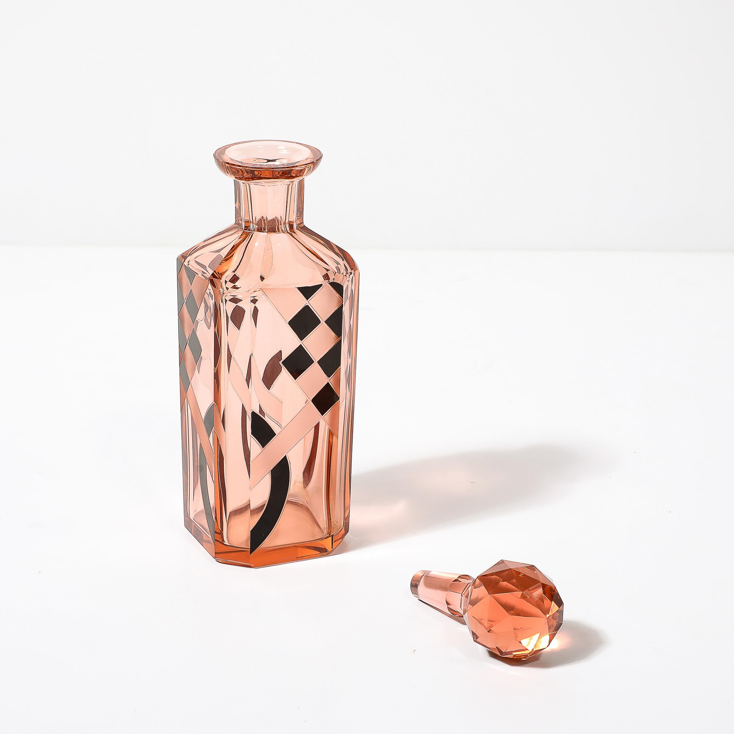 Art Deco Bohemia Glass Cubist Decanter Set in Smoked Rose W/ Diamond Patterning 13