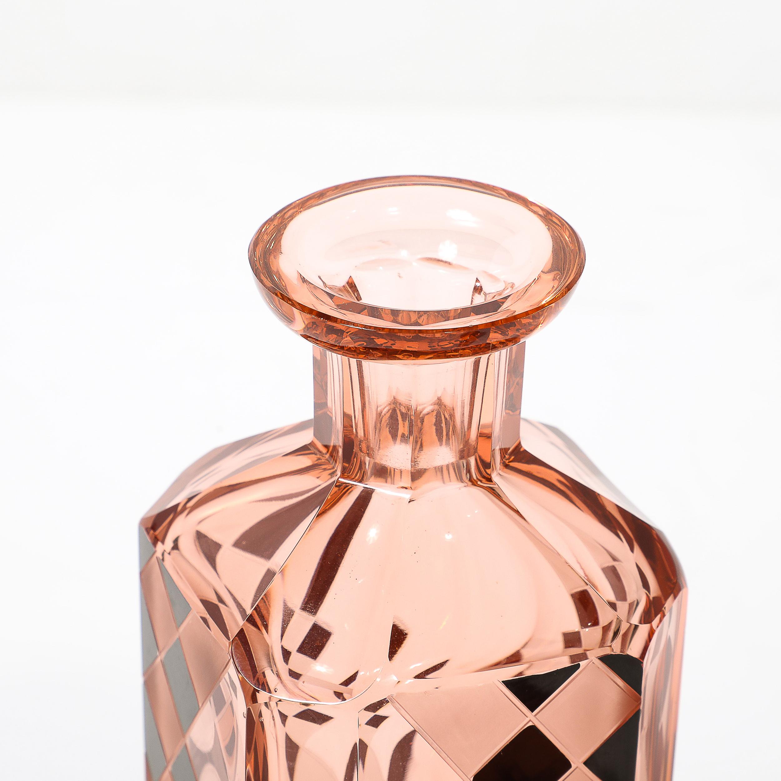 Art Deco Bohemia Glass Cubist Decanter Set in Smoked Rose W/ Diamond Patterning 14