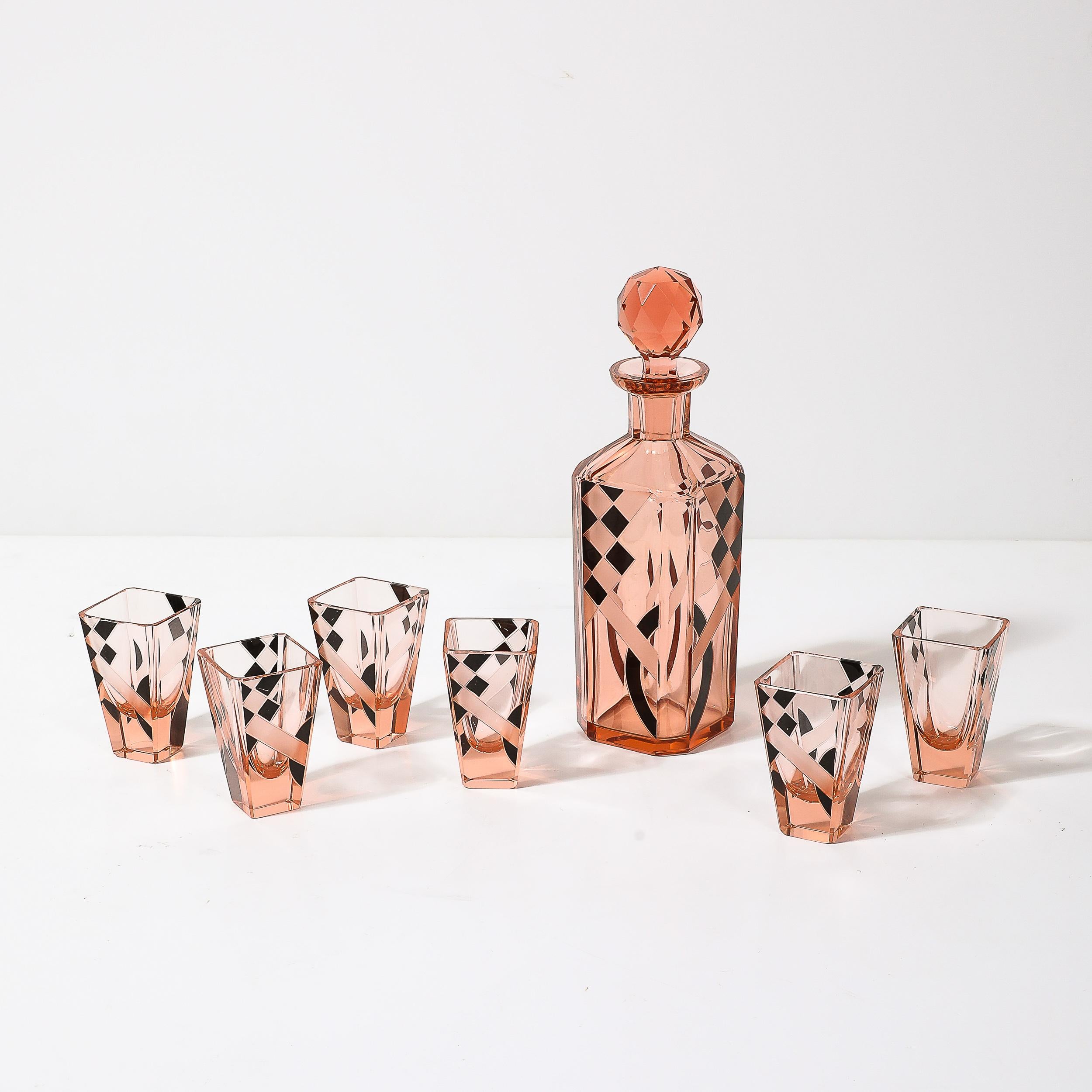 Czech Art Deco Bohemia Glass Cubist Decanter Set in Smoked Rose W/ Diamond Patterning