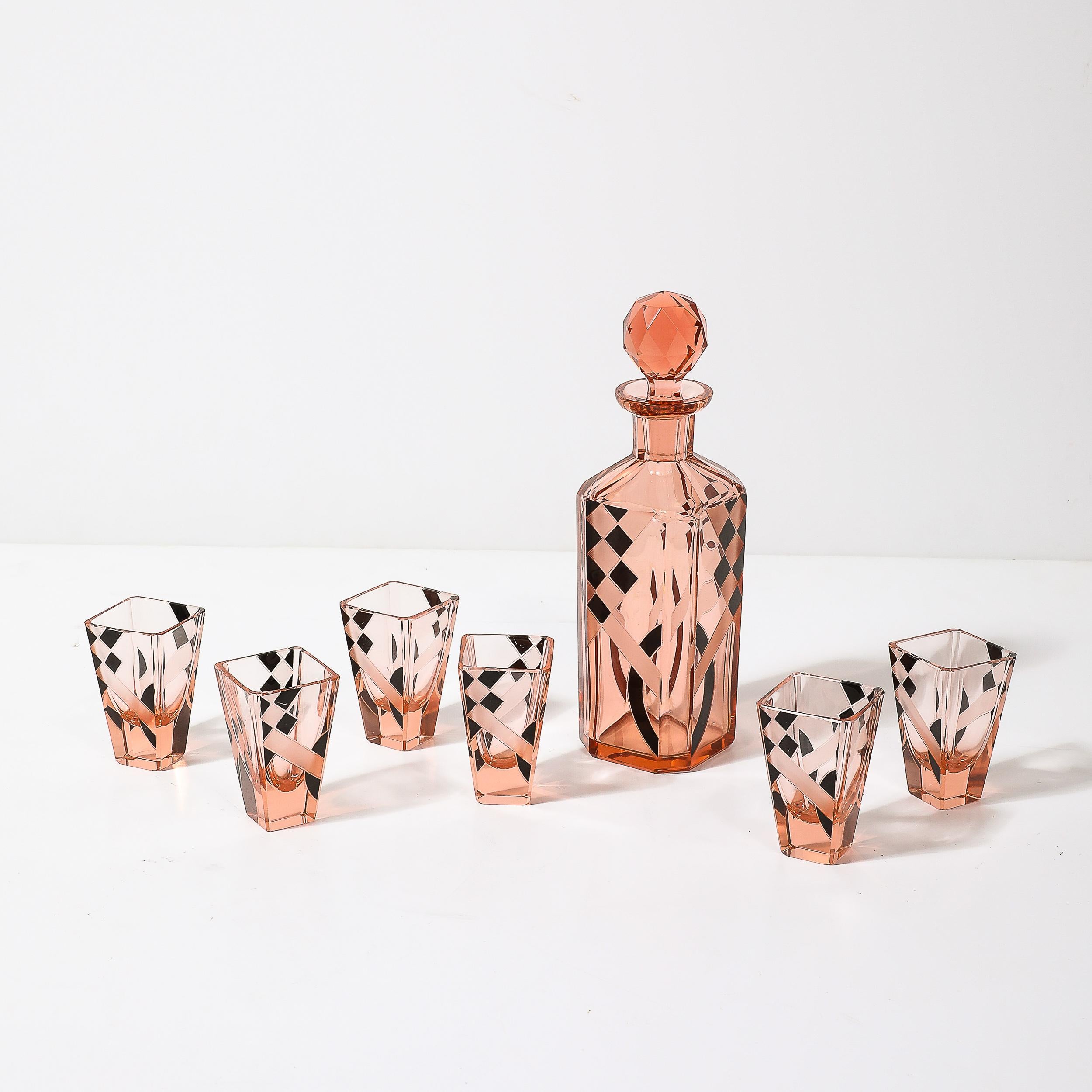 Art Deco Bohemia Glass Cubist Decanter Set in Smoked Rose W/ Diamond Patterning In Excellent Condition In New York, NY