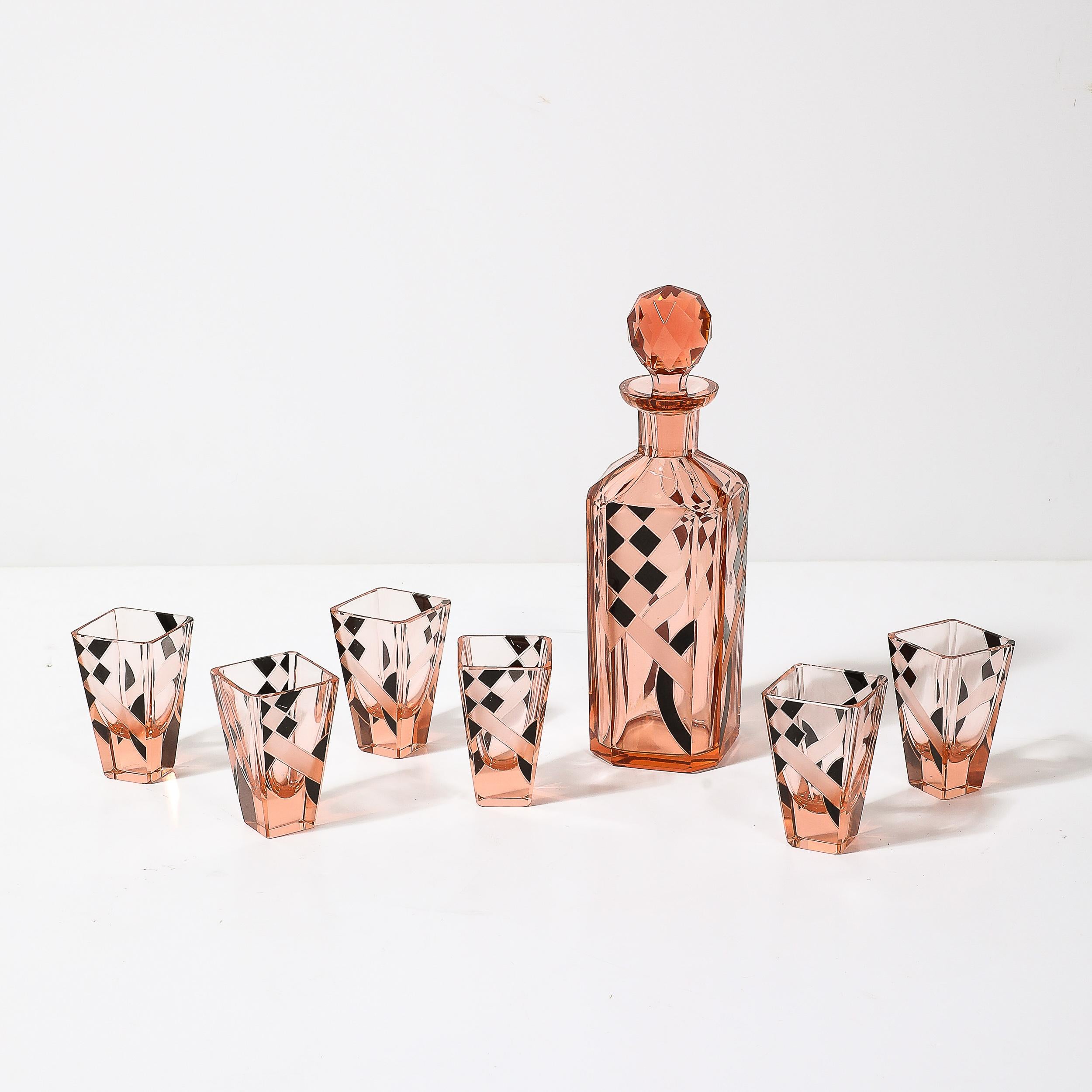 Mid-20th Century Art Deco Bohemia Glass Cubist Decanter Set in Smoked Rose W/ Diamond Patterning