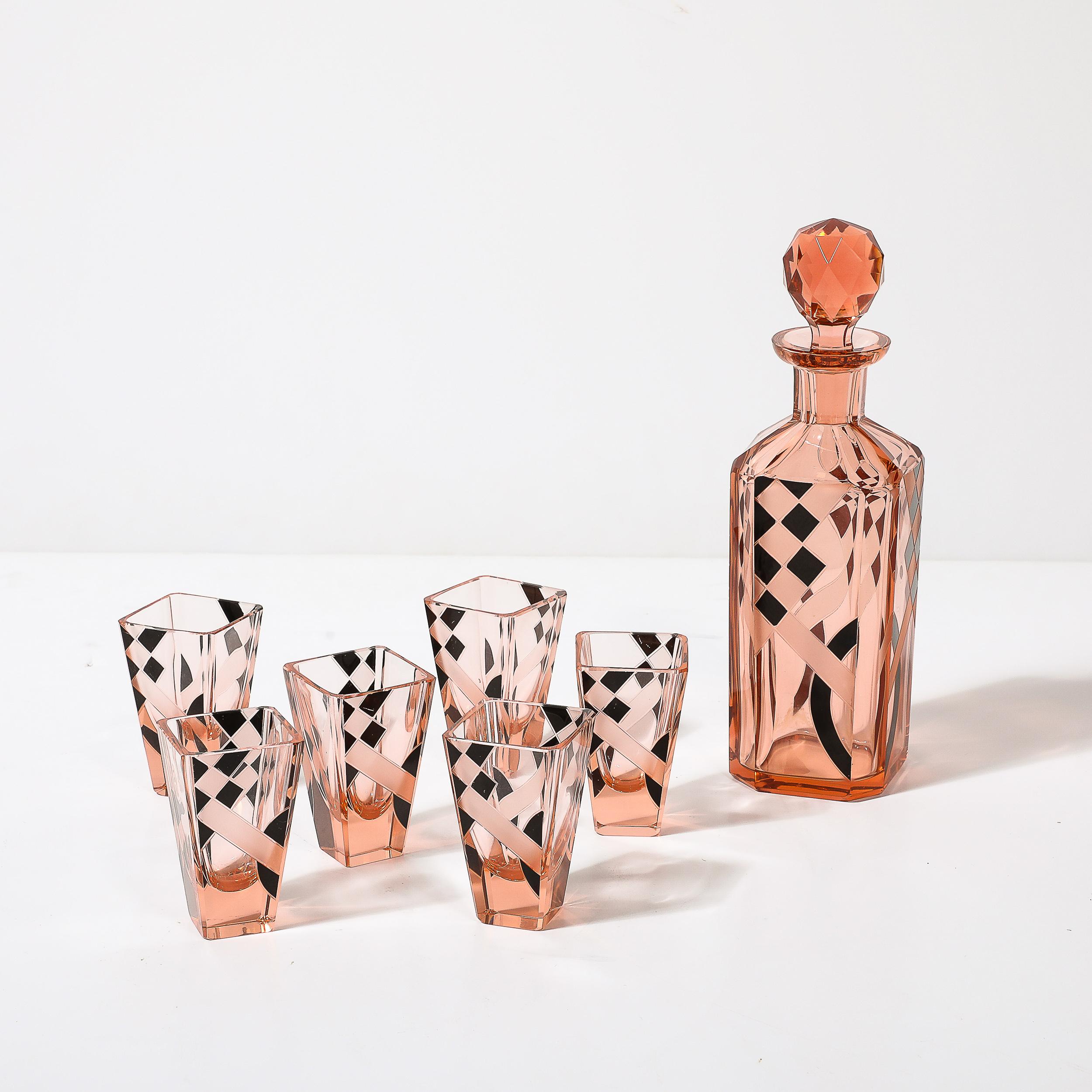 Art Deco Bohemia Glass Cubist Decanter Set in Smoked Rose W/ Diamond Patterning 1