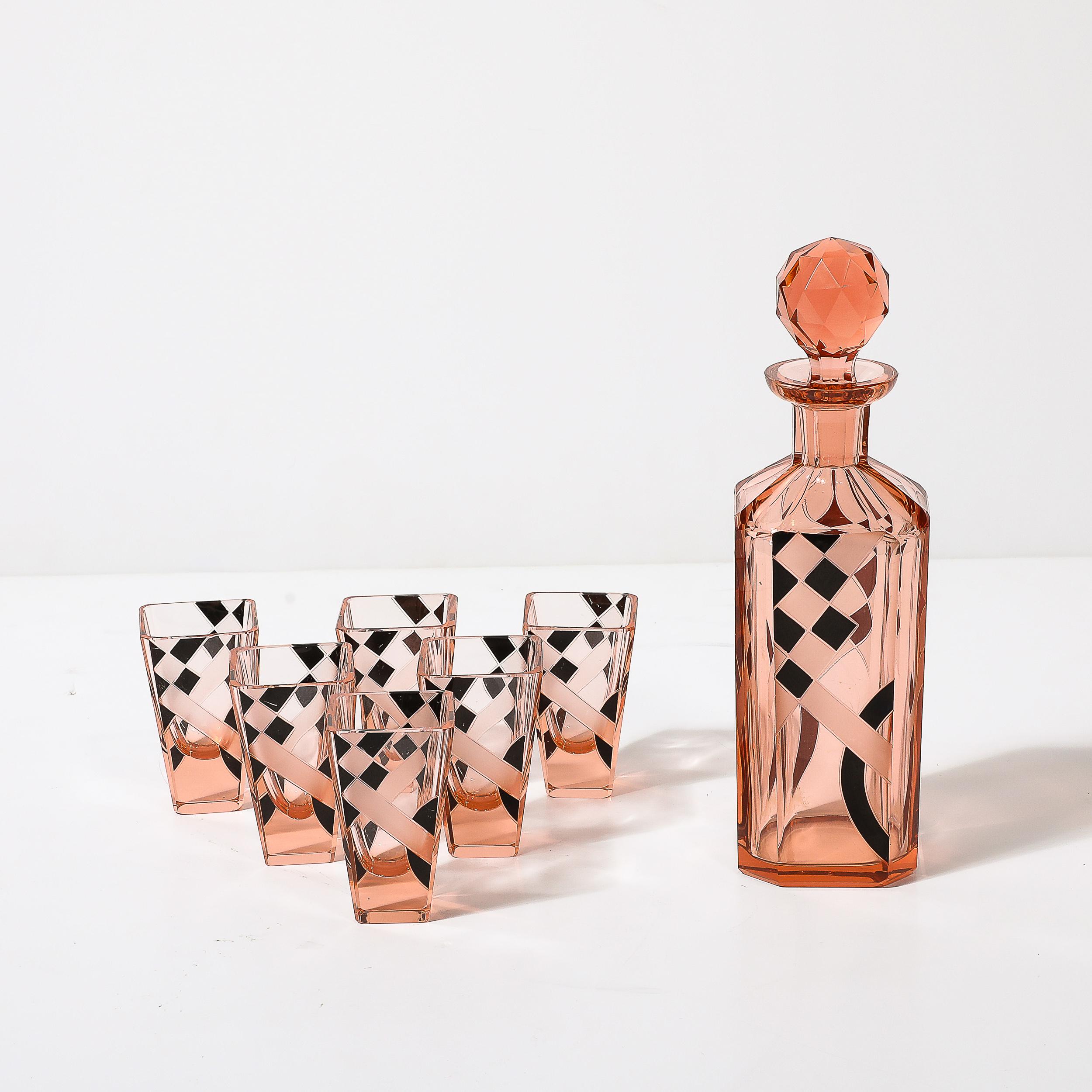 Art Deco Bohemia Glass Cubist Decanter Set in Smoked Rose W/ Diamond Patterning 2