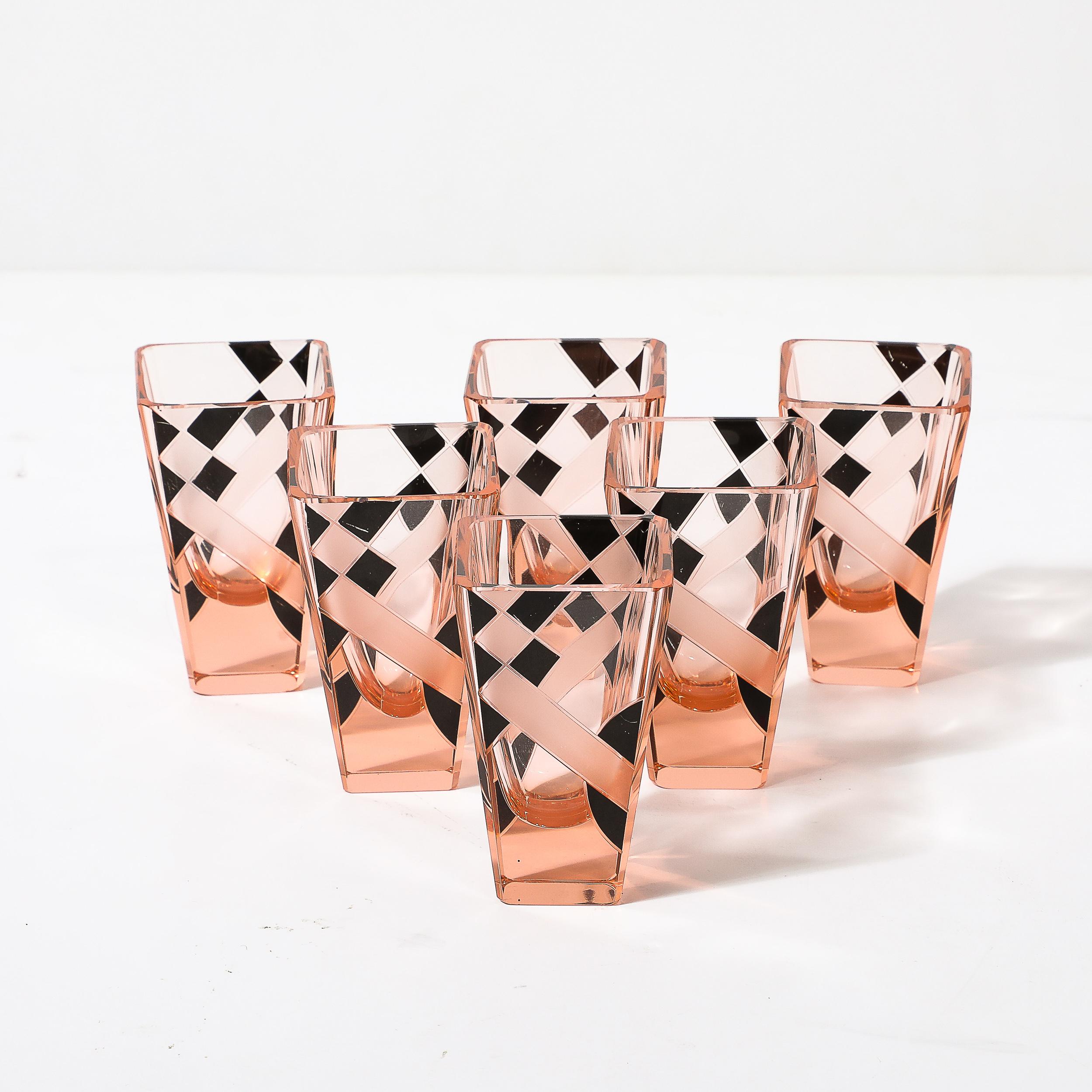 Art Deco Bohemia Glass Cubist Decanter Set in Smoked Rose W/ Diamond Patterning 3
