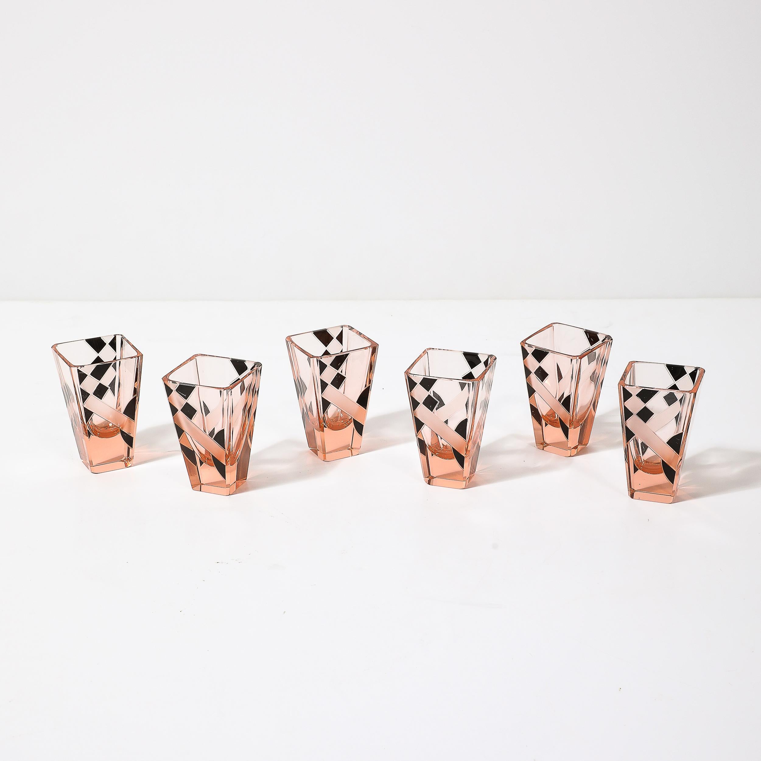 Art Deco Bohemia Glass Cubist Decanter Set in Smoked Rose W/ Diamond Patterning 4