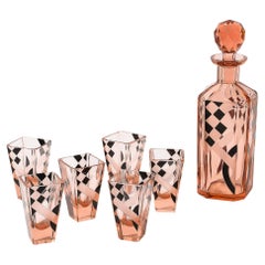 Art Deco Bohemia Glass Cubist Decanter Set in Smoked Rose W/ Diamond Patterning