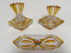 Art Deco Bohemian Bleikristall Crystal Vanity Set, Amber Cut Glass, circa 1930s