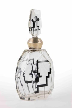 Art Deco Bohemian Glass Bottle, Original Cap, Europe, 1930s Design