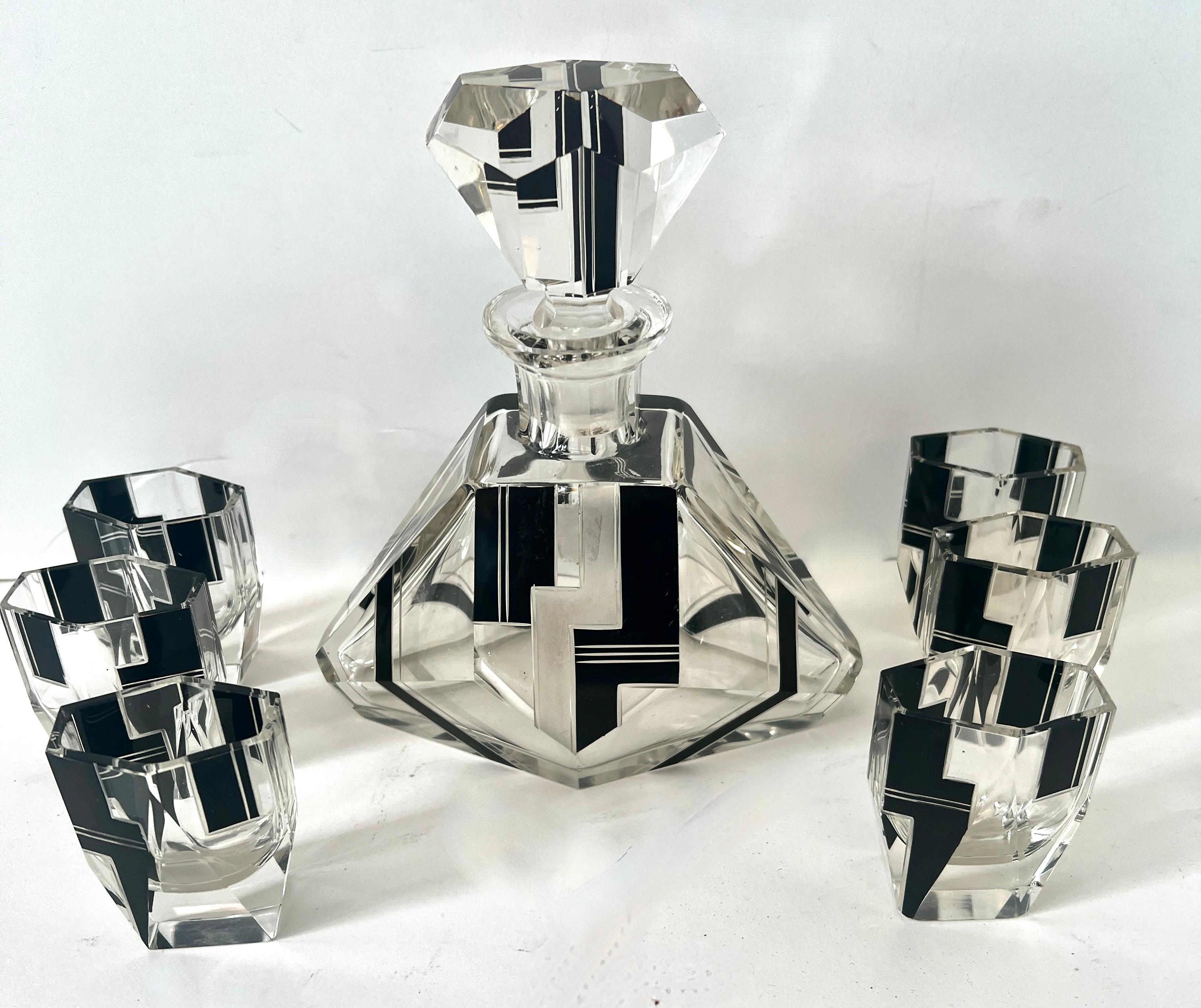 Art Deco Bohemian Crystal Decanter and 6 Shot GlasseIn the Style Of Karl  Palda For Sale 3