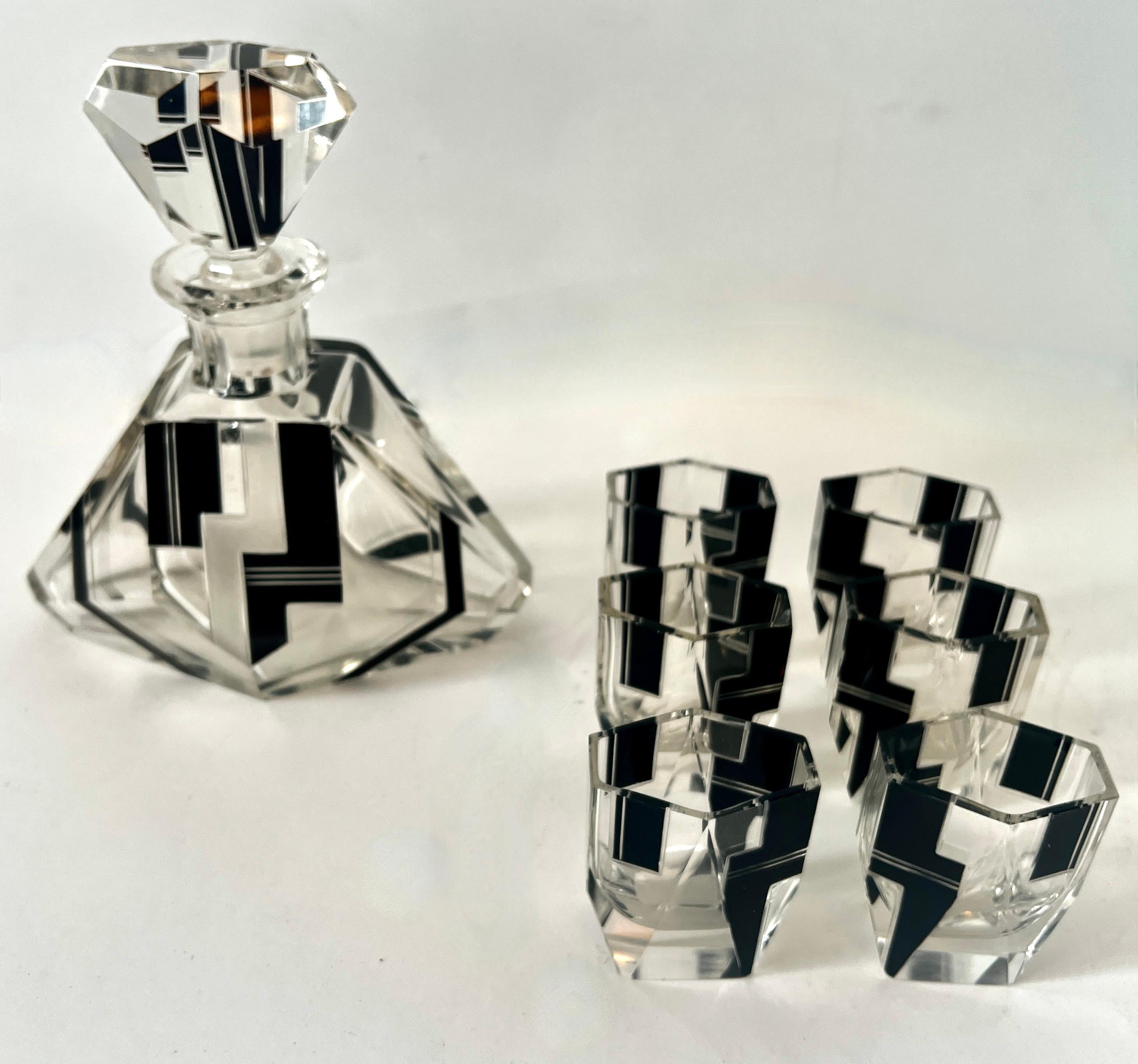 Czech Art Deco Bohemian Crystal Decanter and 6 Shot GlasseIn the Style Of Karl  Palda For Sale