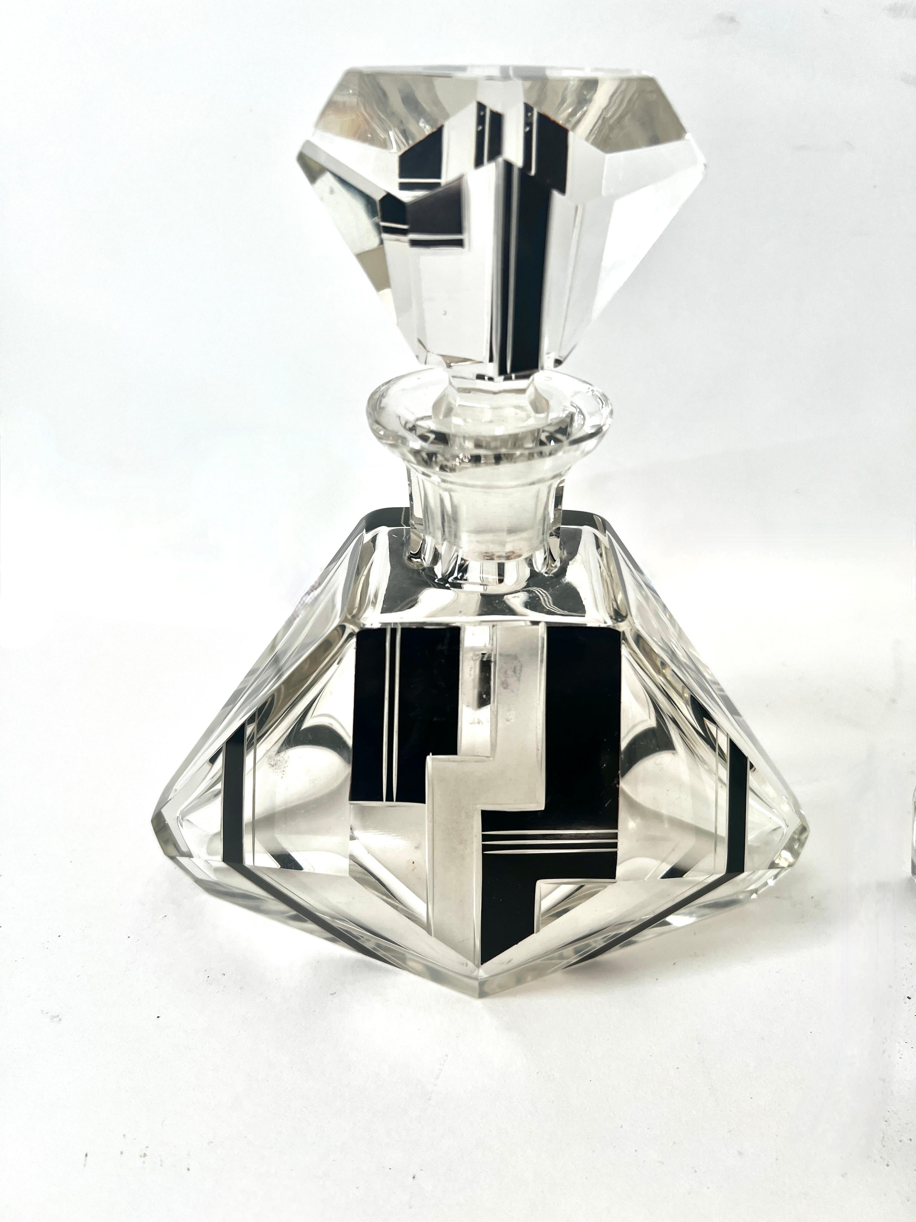Frosted Art Deco Bohemian Crystal Decanter and 6 Shot GlasseIn the Style Of Karl  Palda For Sale