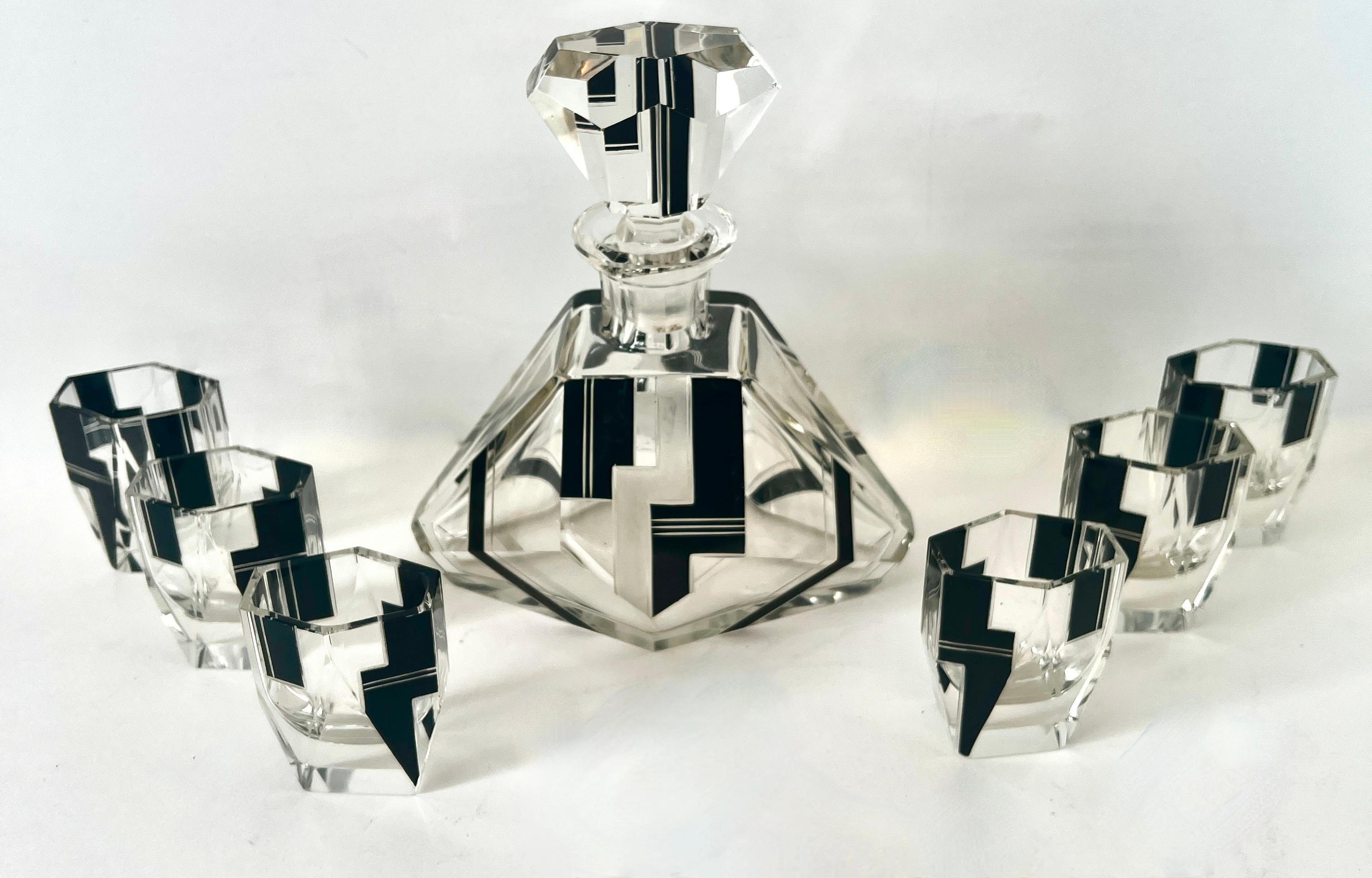 20th Century Art Deco Bohemian Crystal Decanter and 6 Shot GlasseIn the Style Of Karl  Palda For Sale