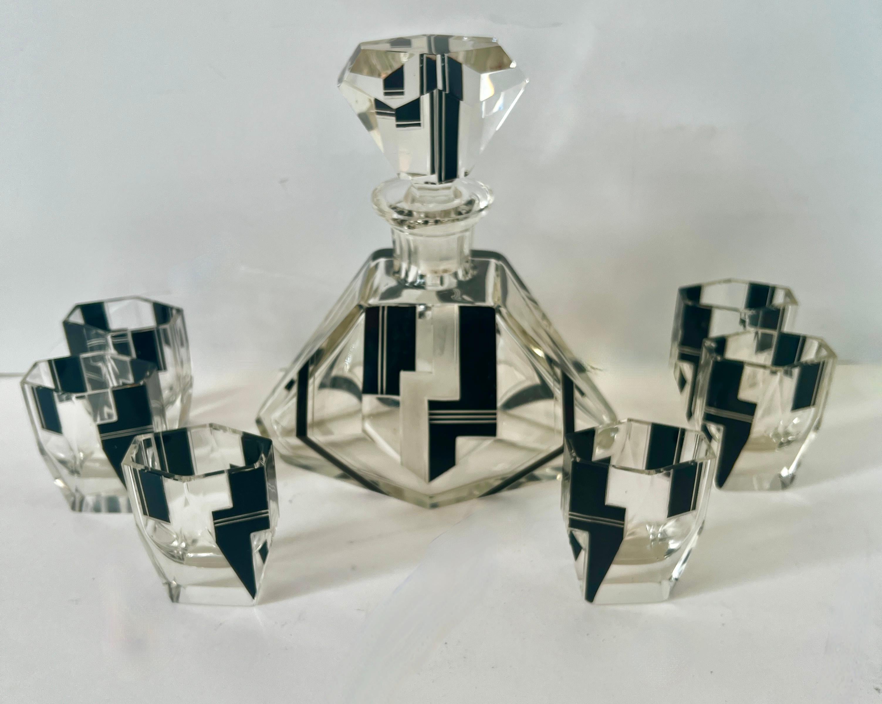 Enamel Art Deco Bohemian Crystal Decanter and 6 Shot GlasseIn the Style Of Karl  Palda For Sale