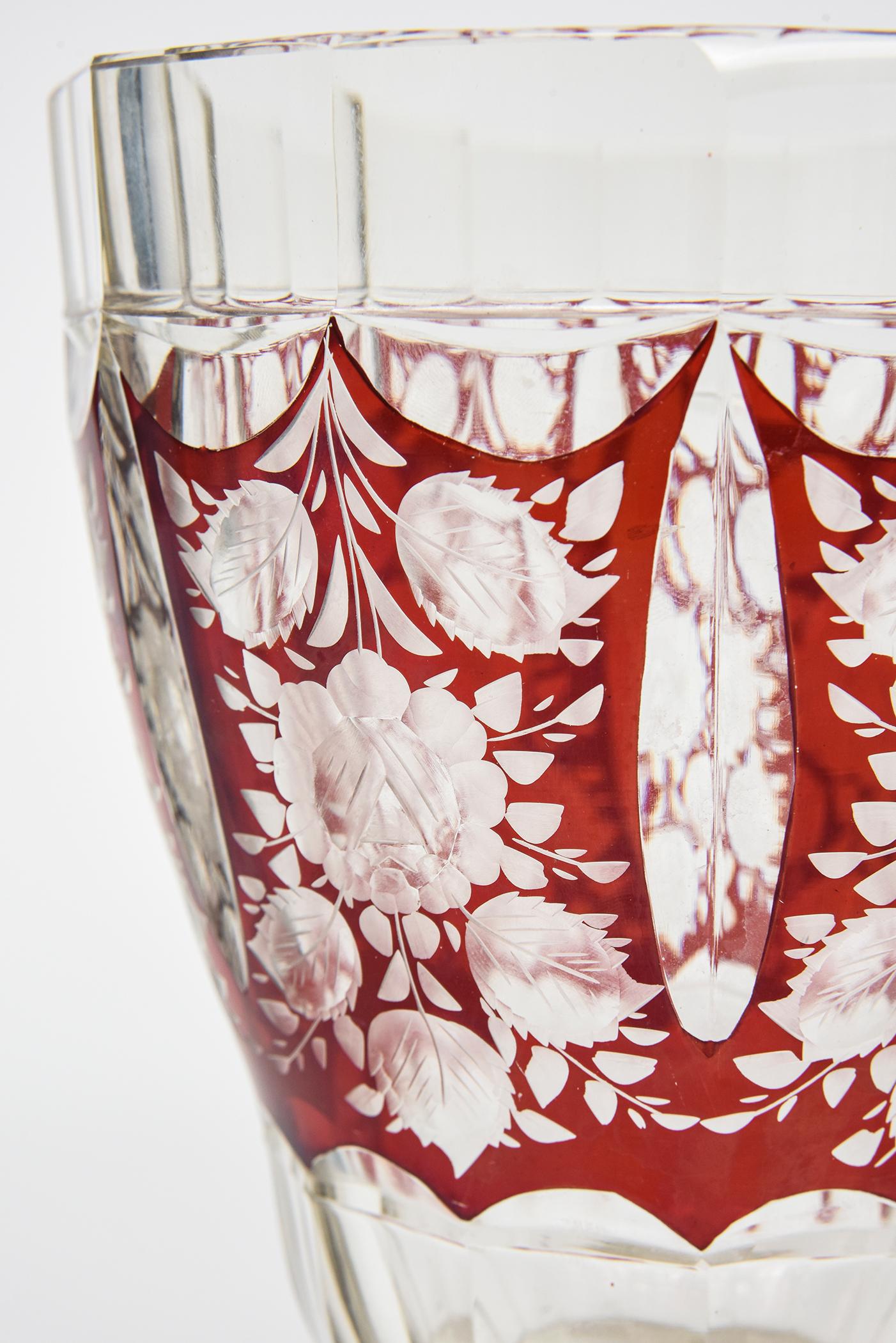 Art Deco Bohemian Czech Cranberry Red Clear Floral Art Glass Vase For Sale 2