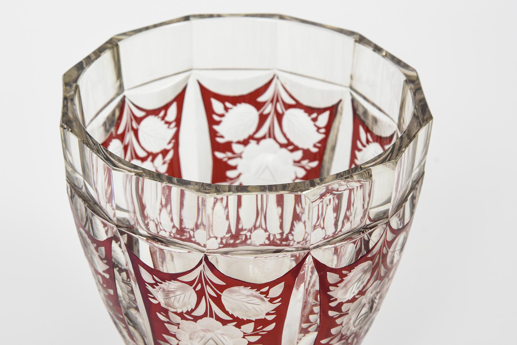 20th Century Art Deco Bohemian Czech Cranberry Red Clear Floral Art Glass Vase For Sale
