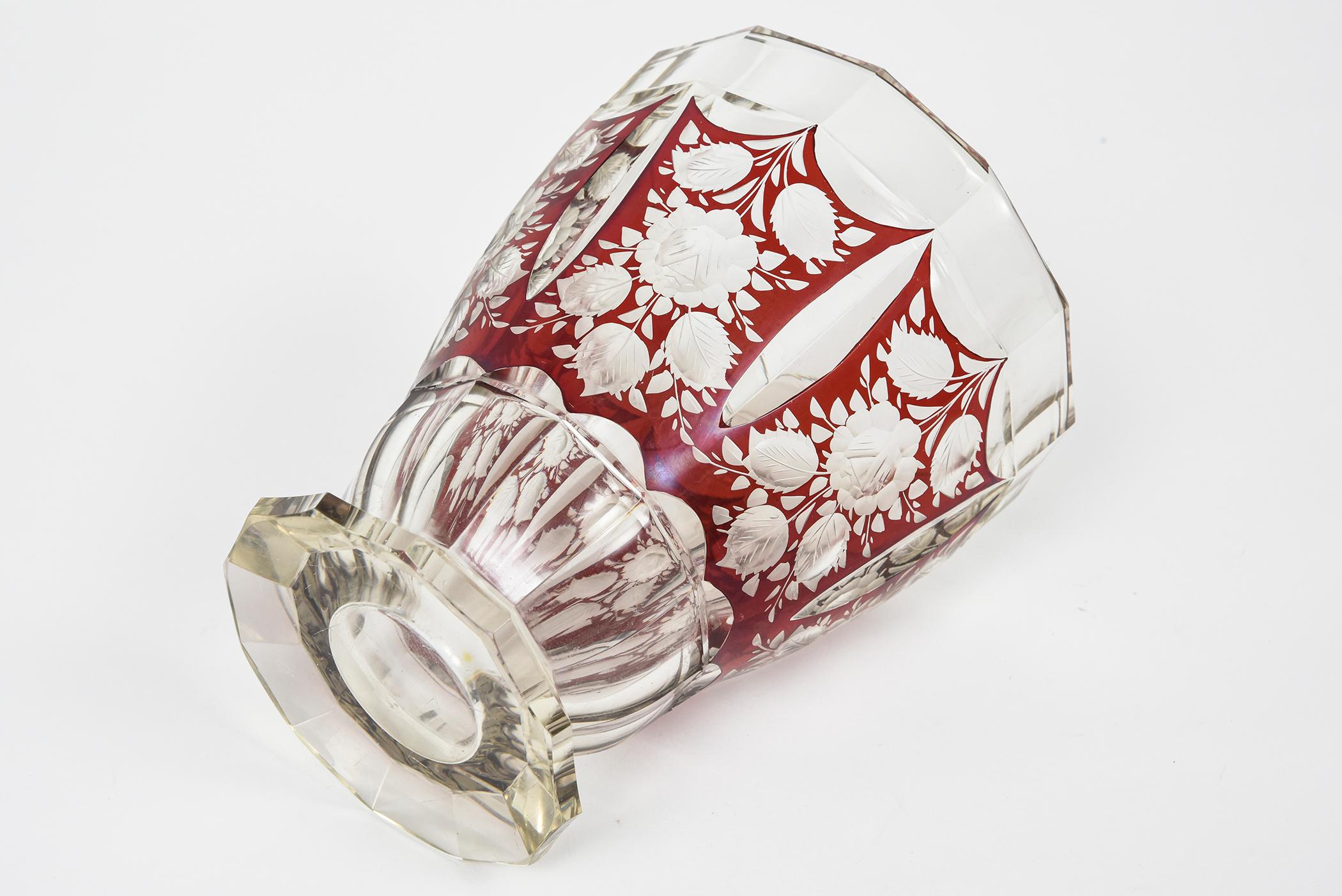 Cut Glass Art Deco Bohemian Czech Cranberry Red Clear Floral Art Glass Vase For Sale