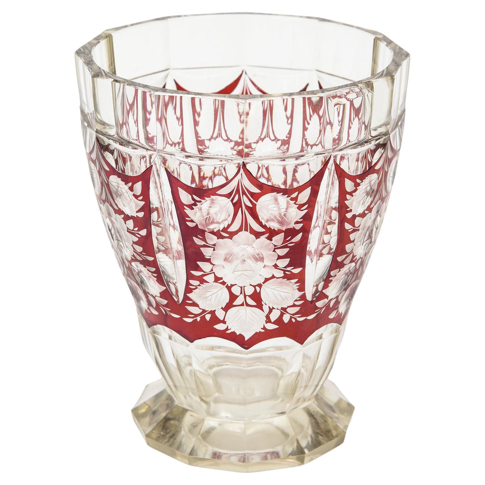 Art Deco Bohemian Czech Cranberry Red Clear Floral Art Glass Vase For Sale
