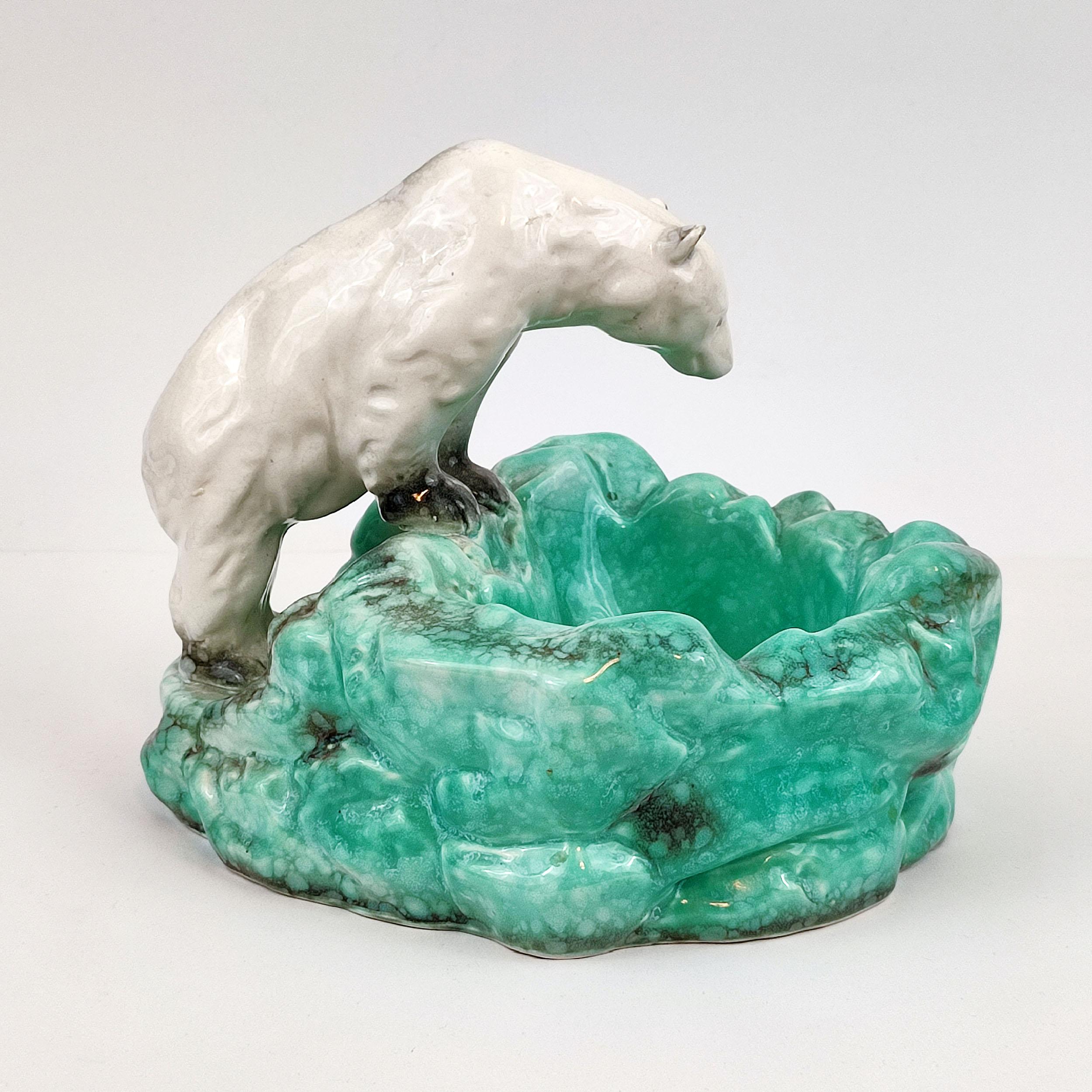 Mid-20th Century Art Deco Bohemian Ditmar Urbach Pottery Polar Bear Bowl Videpoche For Sale