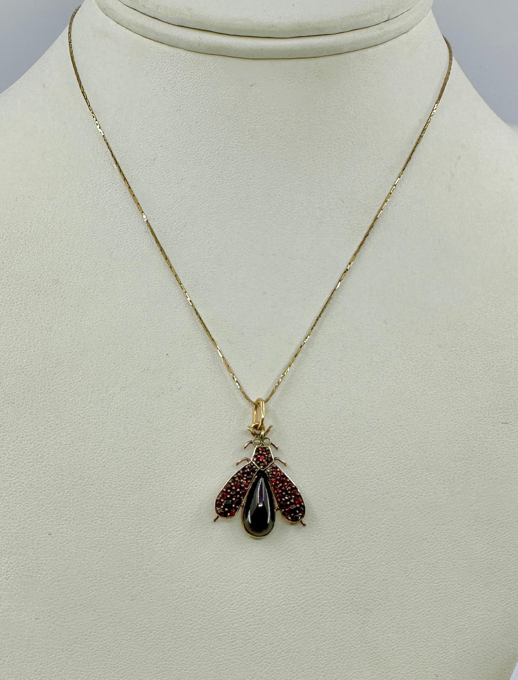 Art Deco Bohemia Granate Abeja Escarabajo Insecto Mosca Colgante Collar Perla Oro en venta 3