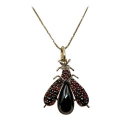Art Deco Bohemian Garnet Bee Beetle Bug Insect Fly Pendant Necklace Pearl Gold