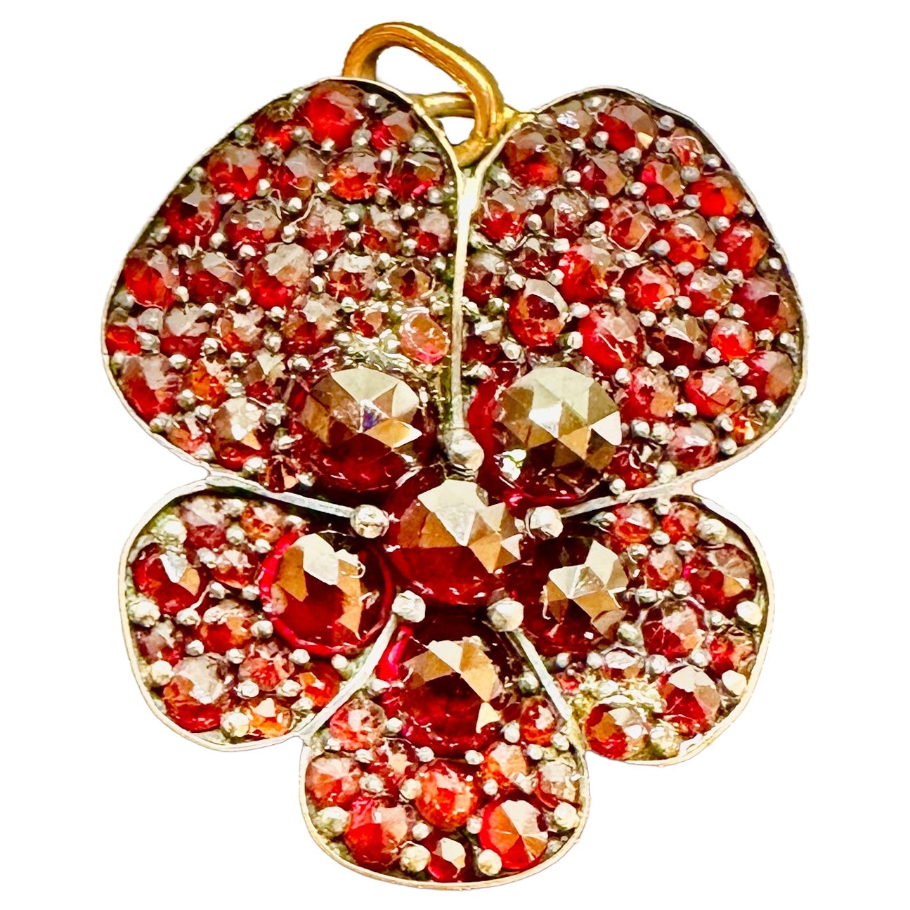 Art Deco Bohemian Garnet Pansy Flower Pendant Necklace Gold Victorian