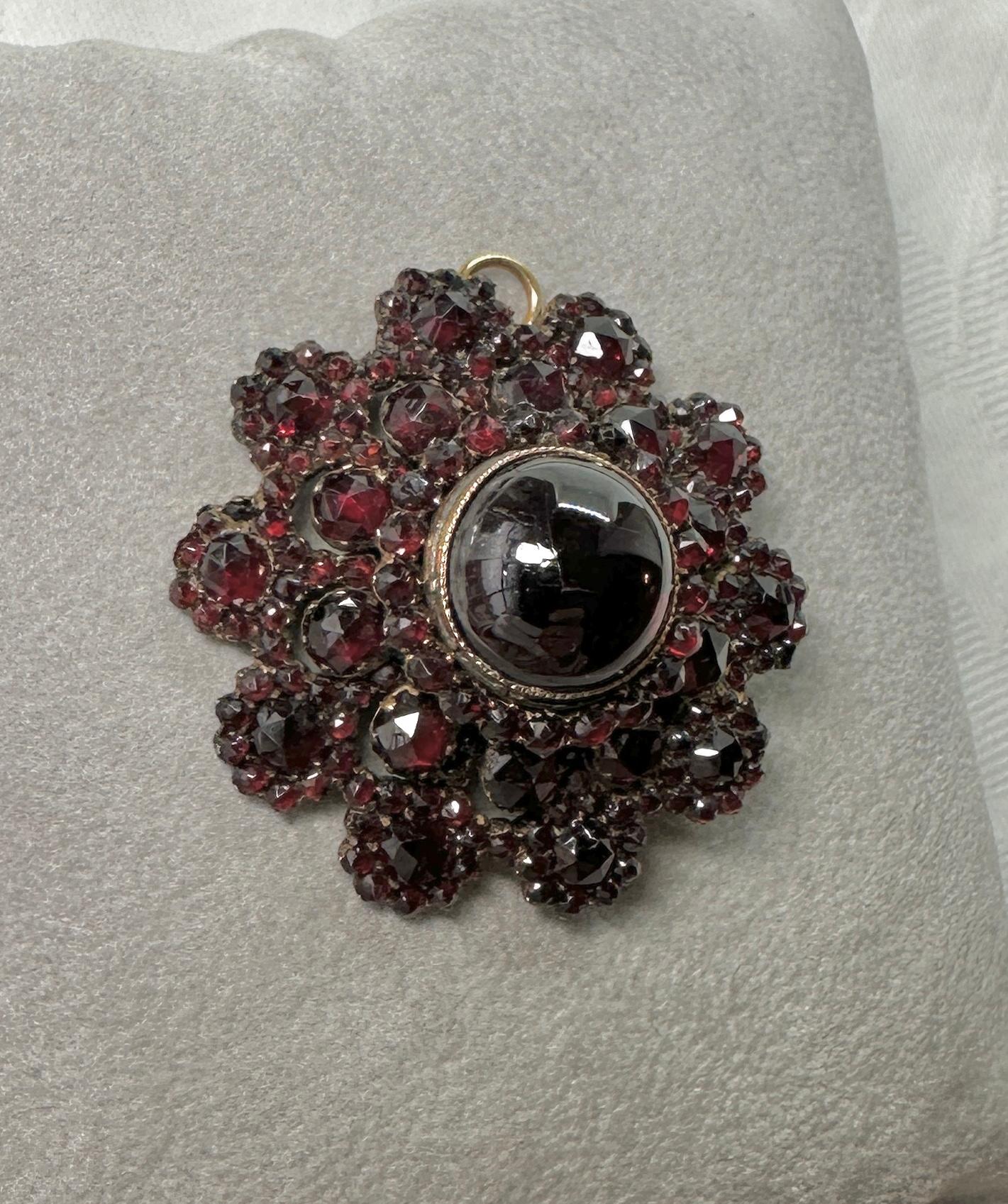 Women's or Men's Art Deco Bohemian Garnet Pendant Lavaliere Necklace Brooch 13mm Cabochon Antique For Sale