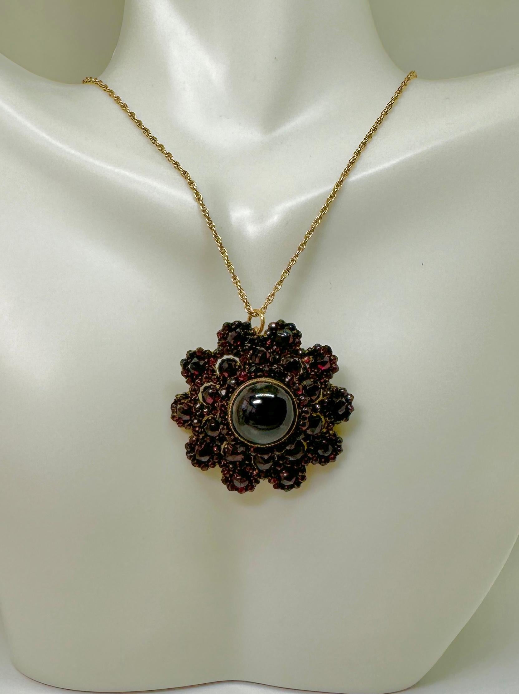 Art Deco Bohemian Garnet Pendant Lavaliere Necklace Brooch 13mm Cabochon Antique For Sale 1