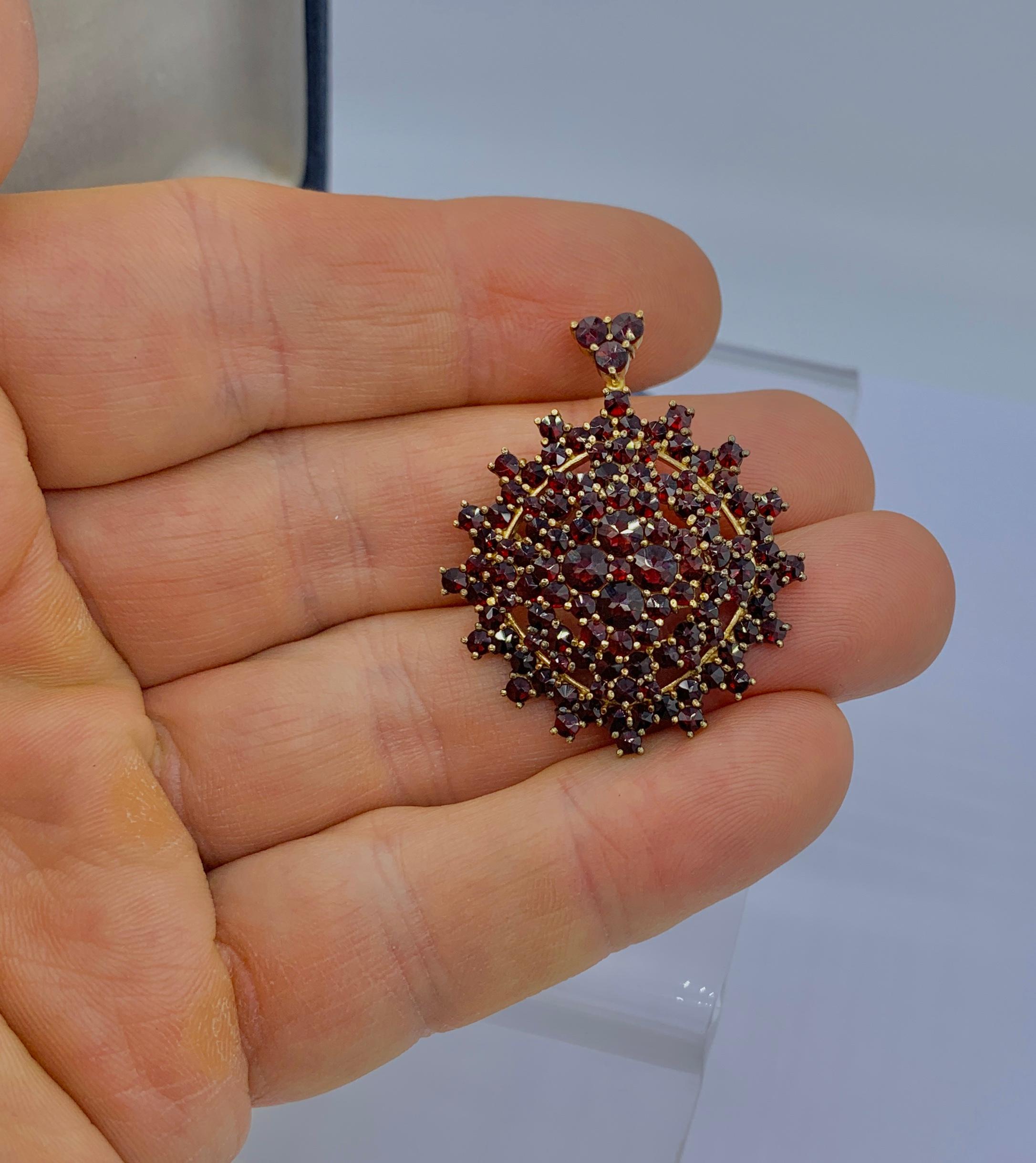 Art Deco Bohemian Garnet Pendant Lavaliere Necklace Brooch Antique In Excellent Condition For Sale In New York, NY