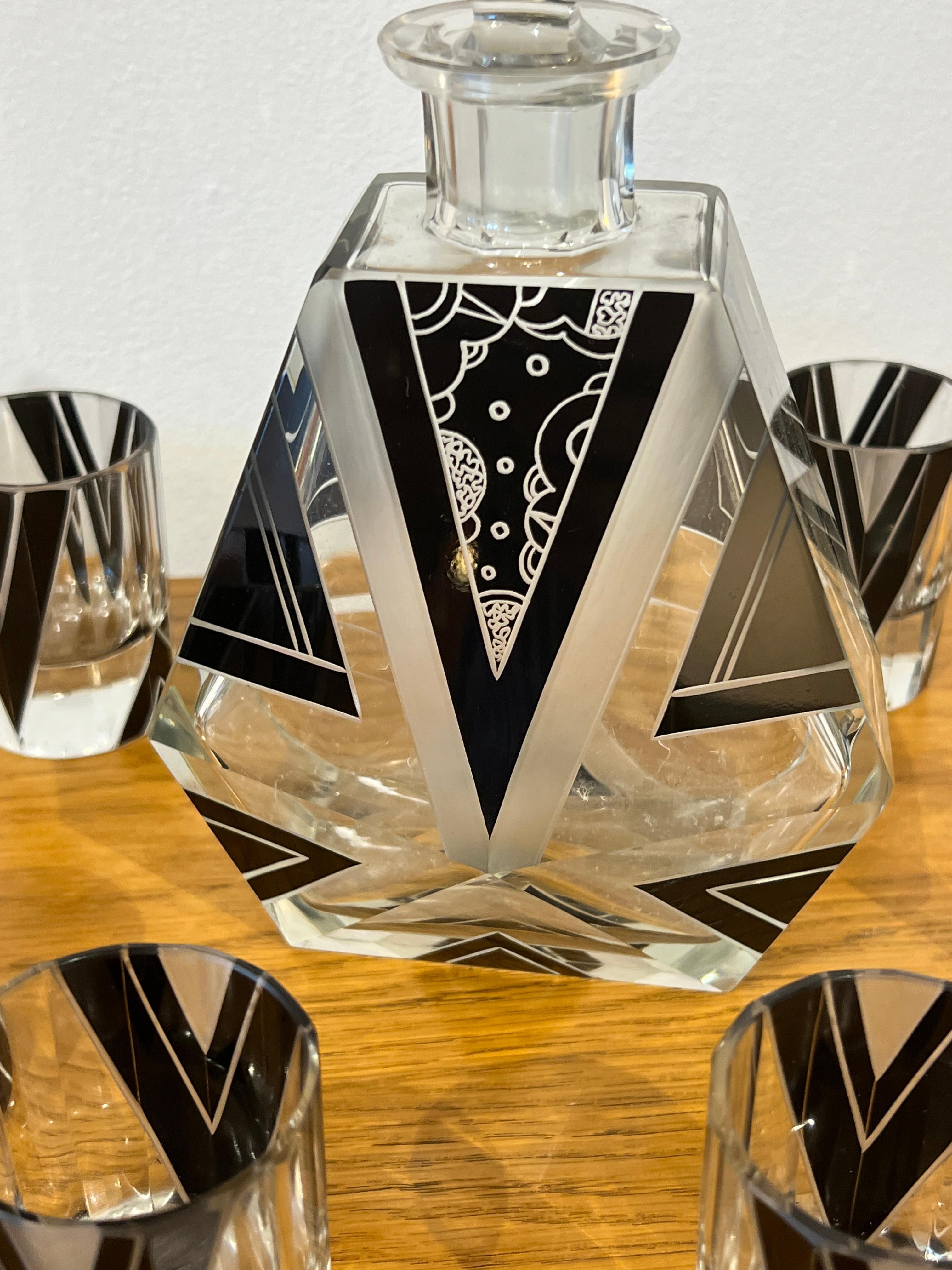 Czech Art Deco Bohemian Glass Decanter Set For Sale