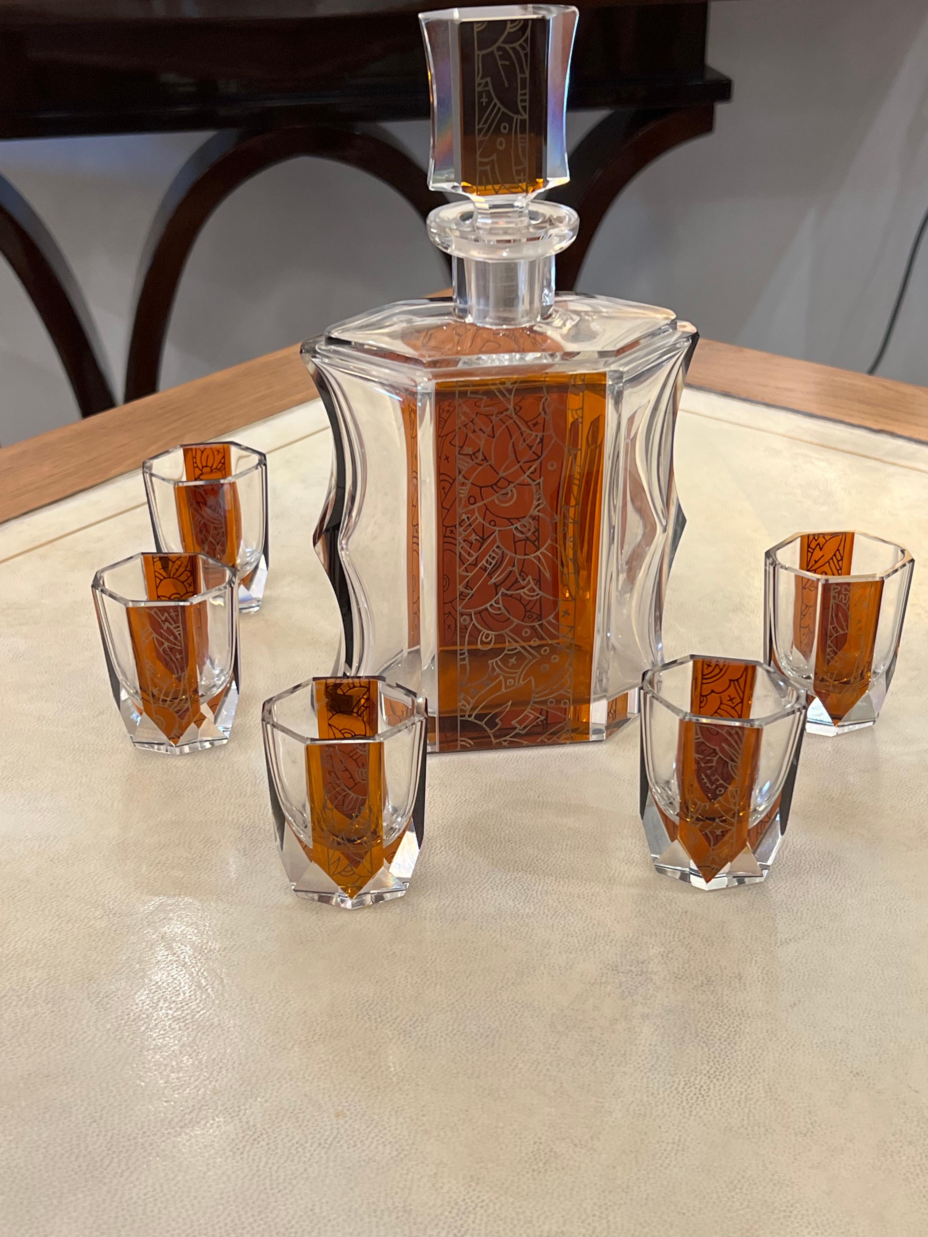 Enamel Art Deco Bohemian Glass Decanter Set For Sale