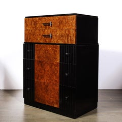 Art Deco Book-Matched & Burled Walnut, Chrome Pulls & Fluted Black Lacquer Chest