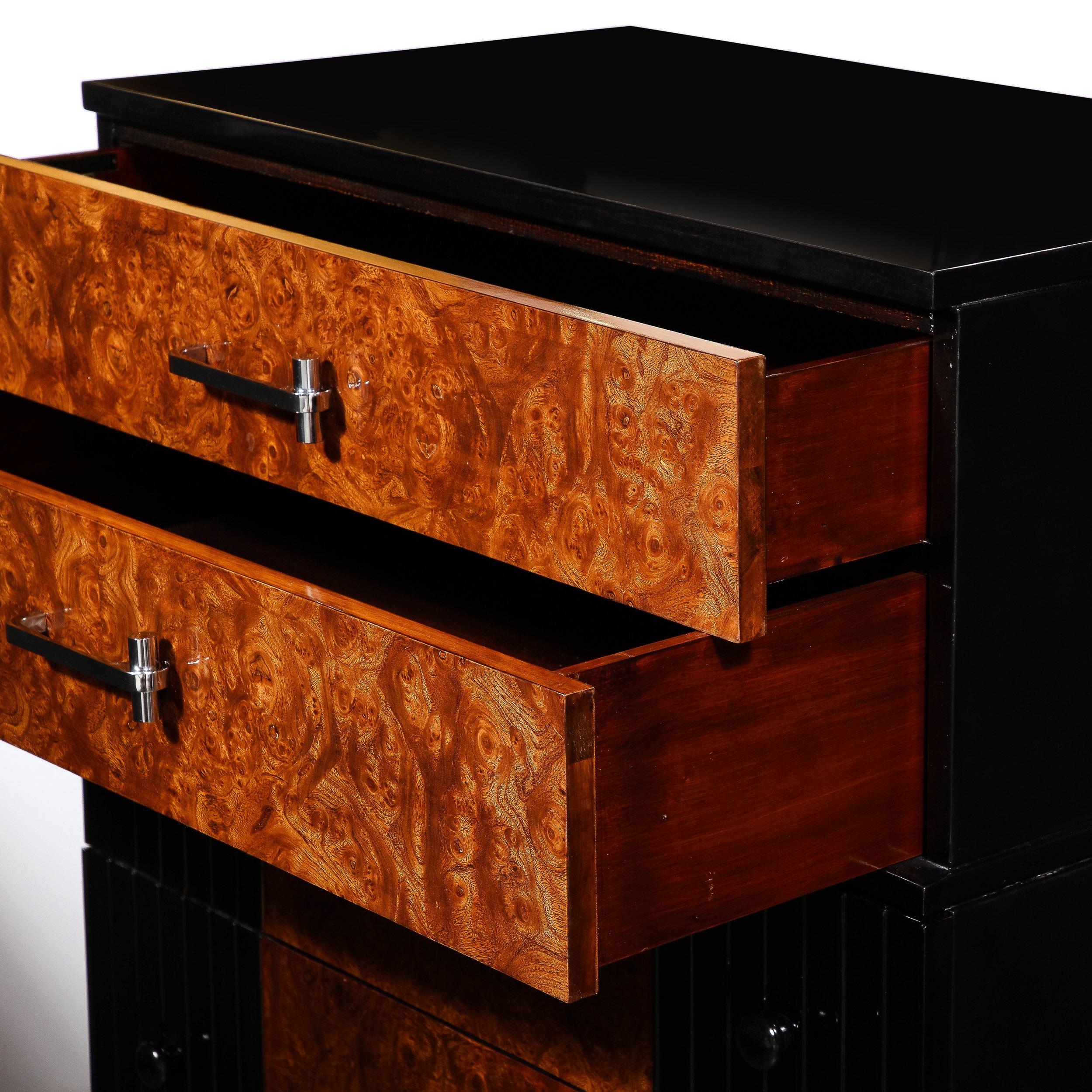 Art Deco Book-Matched & Burled Walnut, Chrome Pulls & Fluted Black Lacquer Chest im Angebot 2