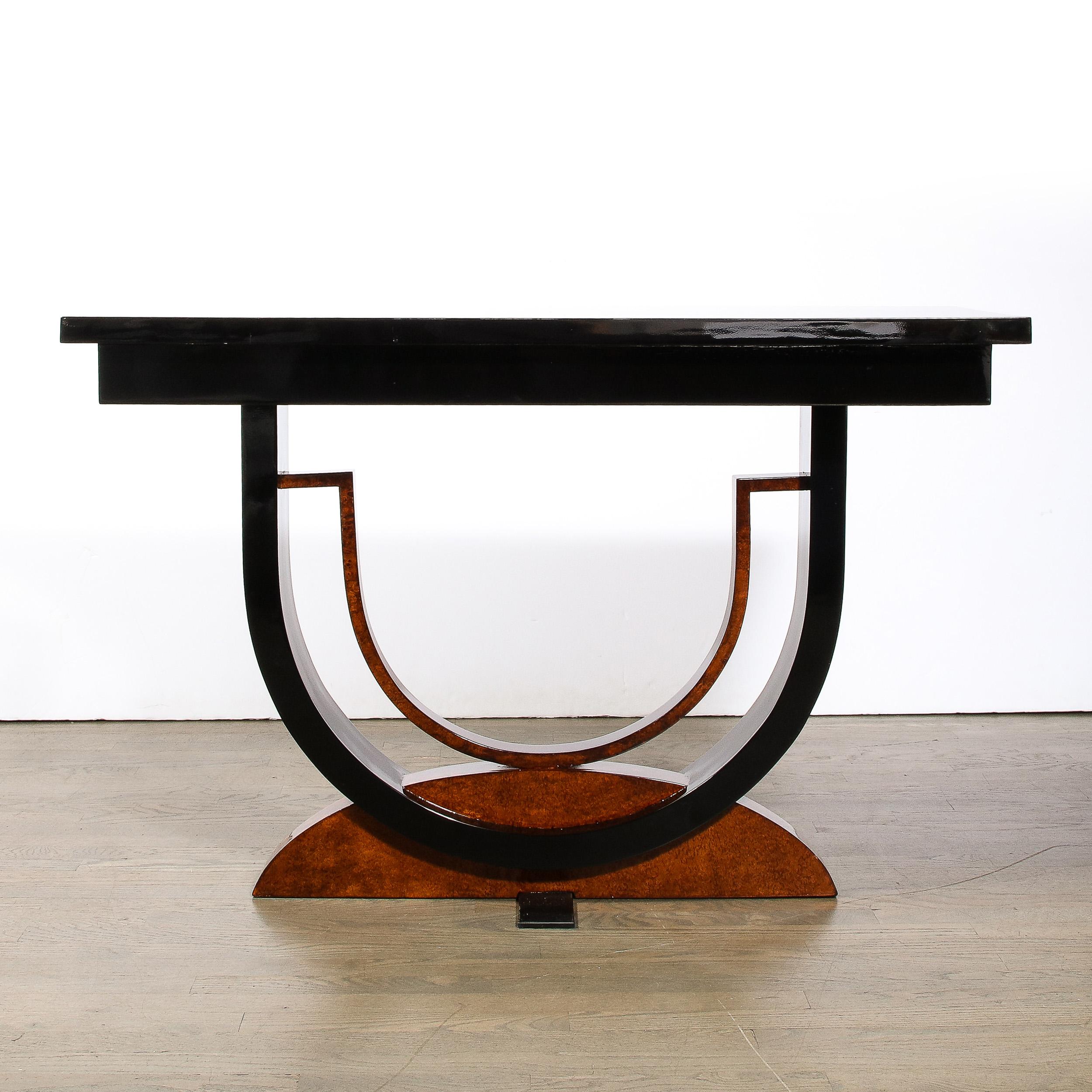 Art Deco Book-Matched & Burled Walnut Sculptural Black Lacquered Console Table 5