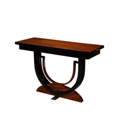 Art Deco Book-Matched & Burled Walnut Sculptural Black Lacquered Console Table