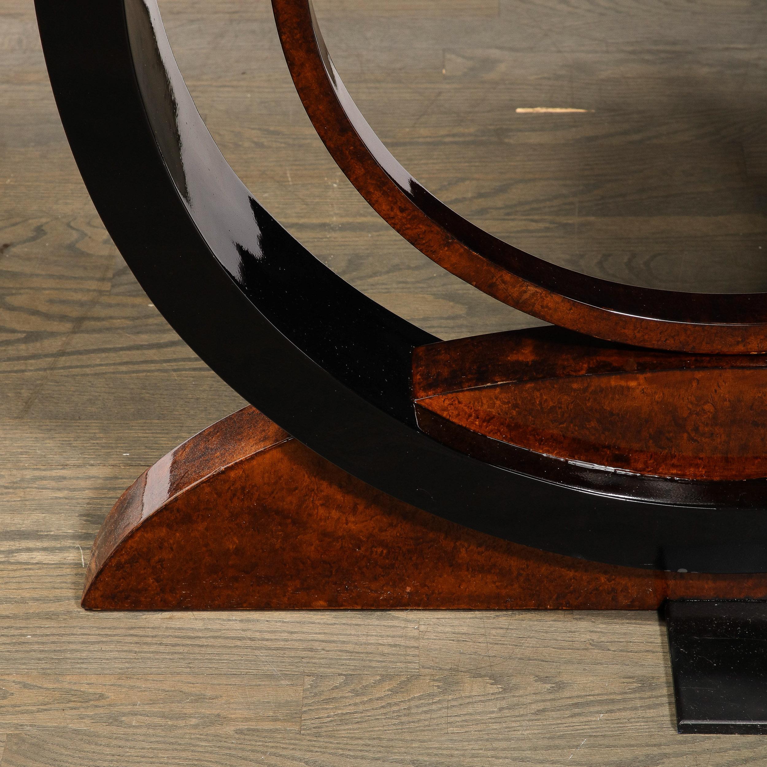 American Art Deco Book-Matched & Burled Walnut Sculptural Black Lacquered Console Table