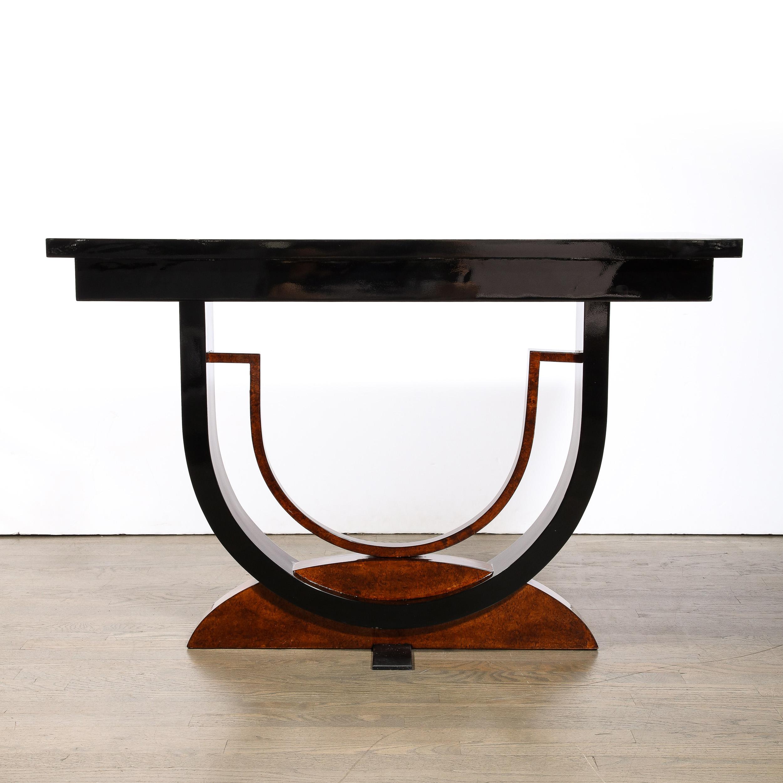 Art Deco Book-Matched & Burled Walnut Sculptural Black Lacquered Console Table In Excellent Condition In New York, NY