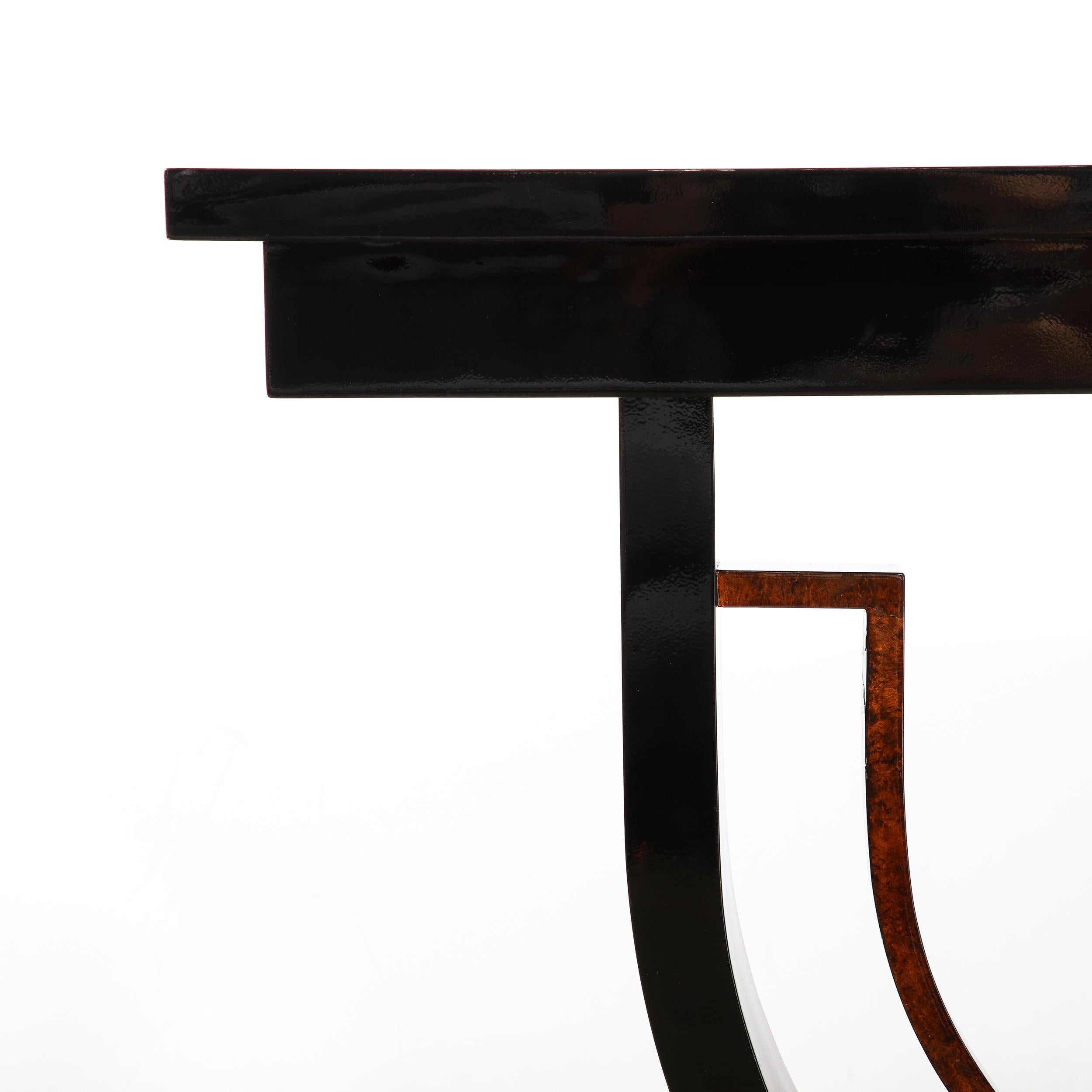 Mid-20th Century Art Deco Book-Matched & Burled Walnut Sculptural Black Lacquered Console Table