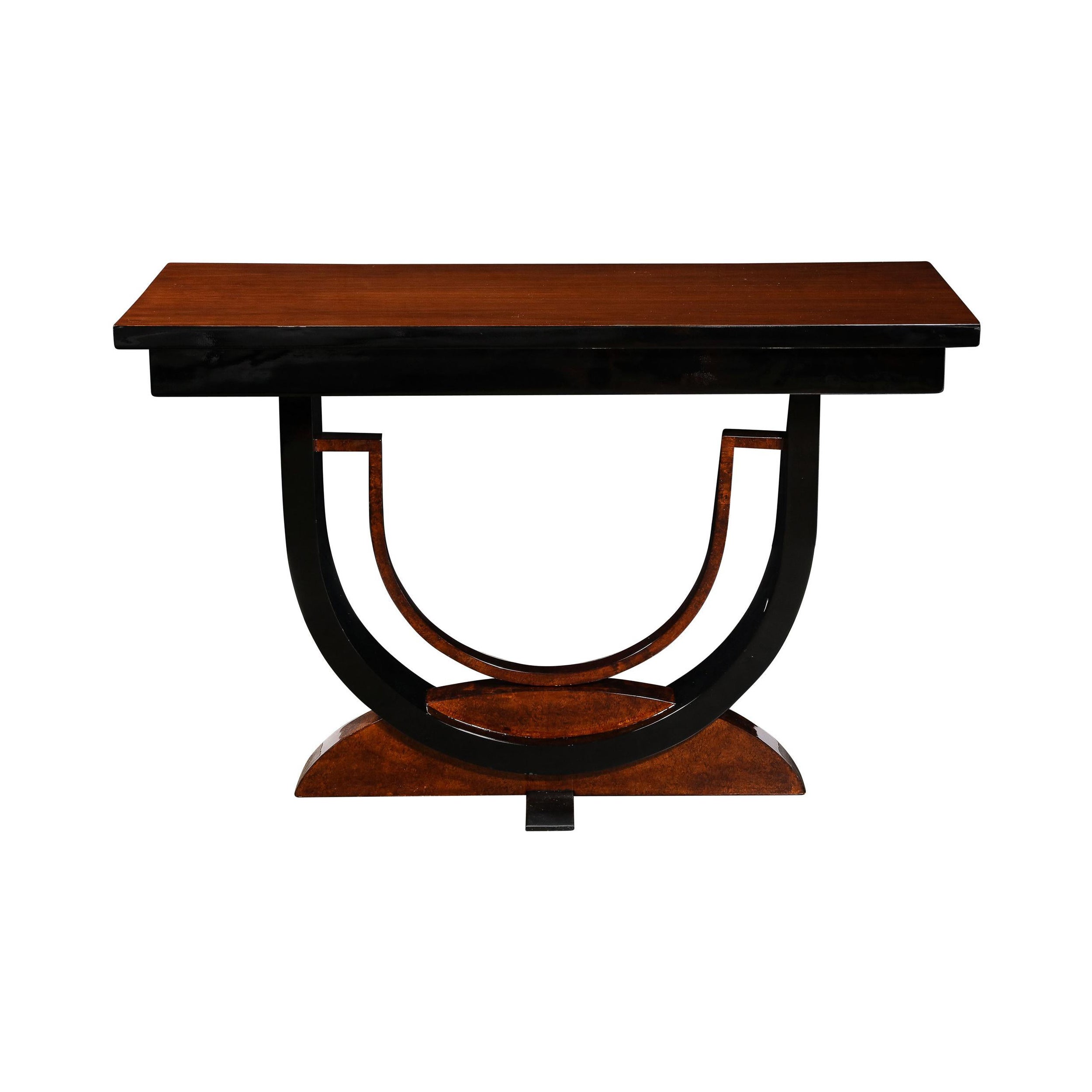 Art Deco Book-Matched 
Burled Walnut Sculptural Black Lacquered Console Table