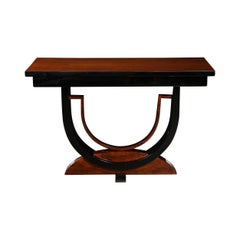 Art Deco Book-Matched & Burled Walnut Sculptural Black Lacquered Console Table
