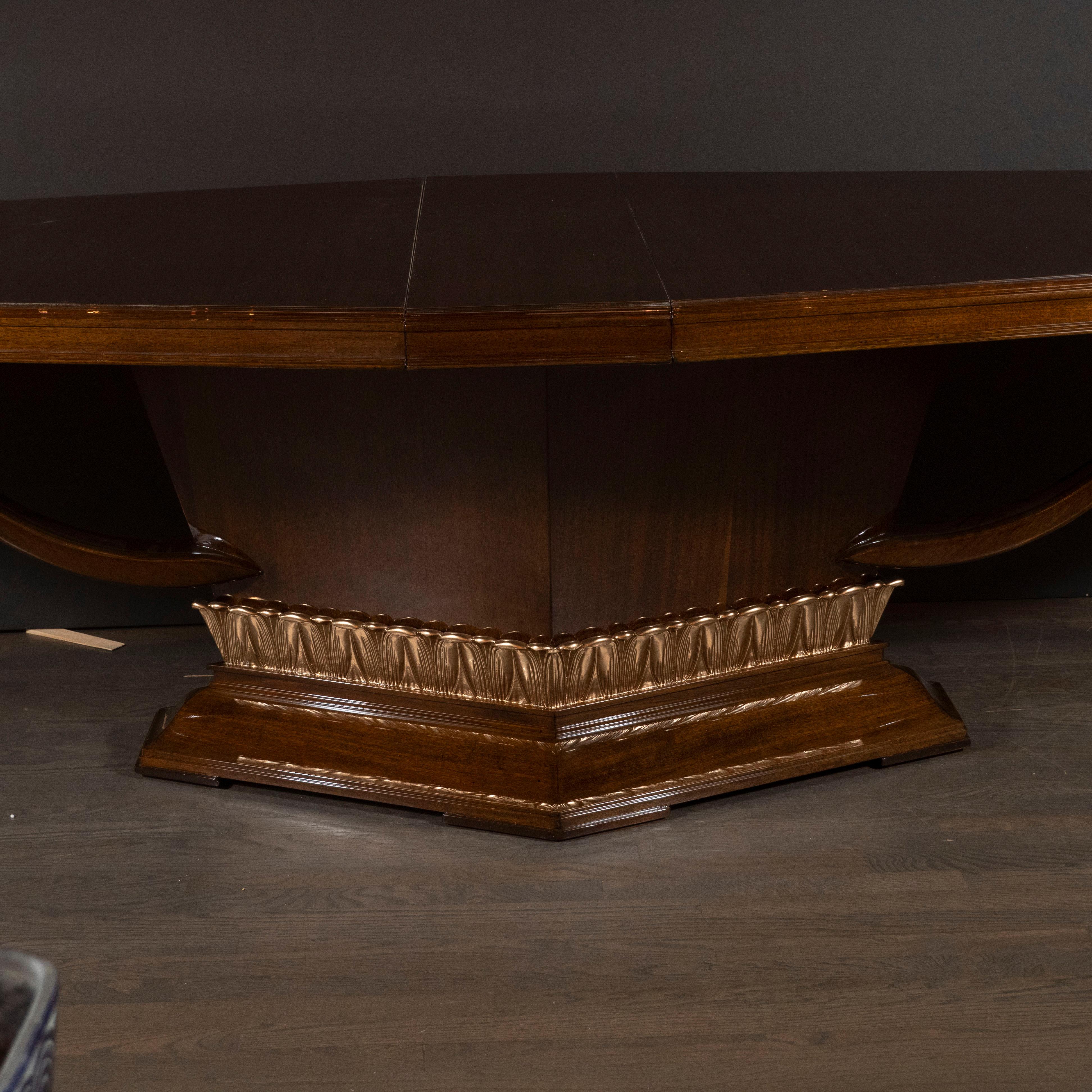 French Art Deco Book Matched Mahogany Dining Table with 24-Karat Gilt Acanthus Details
