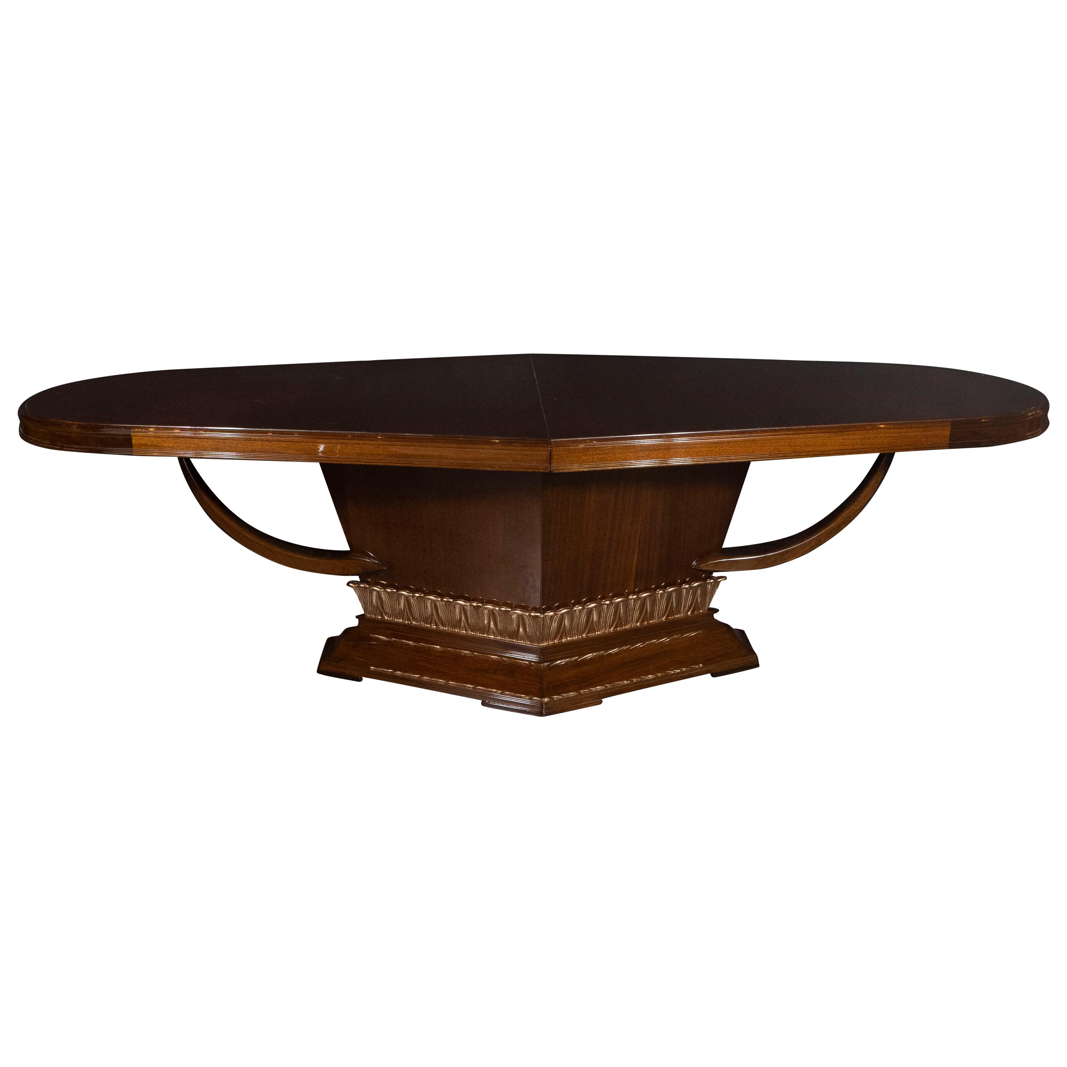 Art Deco Book Matched Mahogany Dining Table with 24-Karat Gilt Acanthus Details
