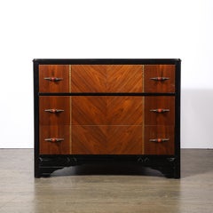 Art Deco Book-Matched Walnut & Black Lacquer Detailed Chest w/ Bakelite Pulls