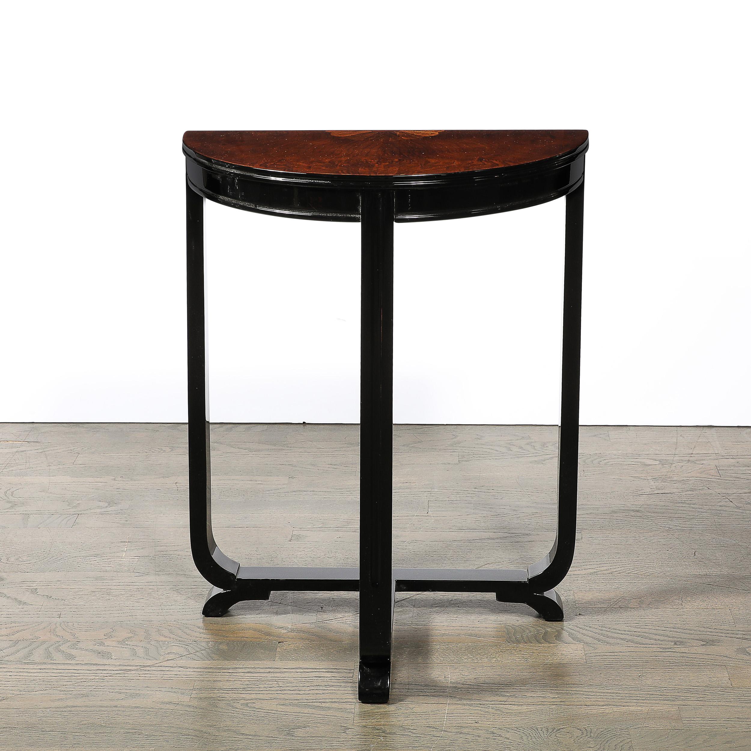 Mid-20th Century Art Deco Book-Matched Walnut & Exotic Sunburst Inlaid Wood Console Table