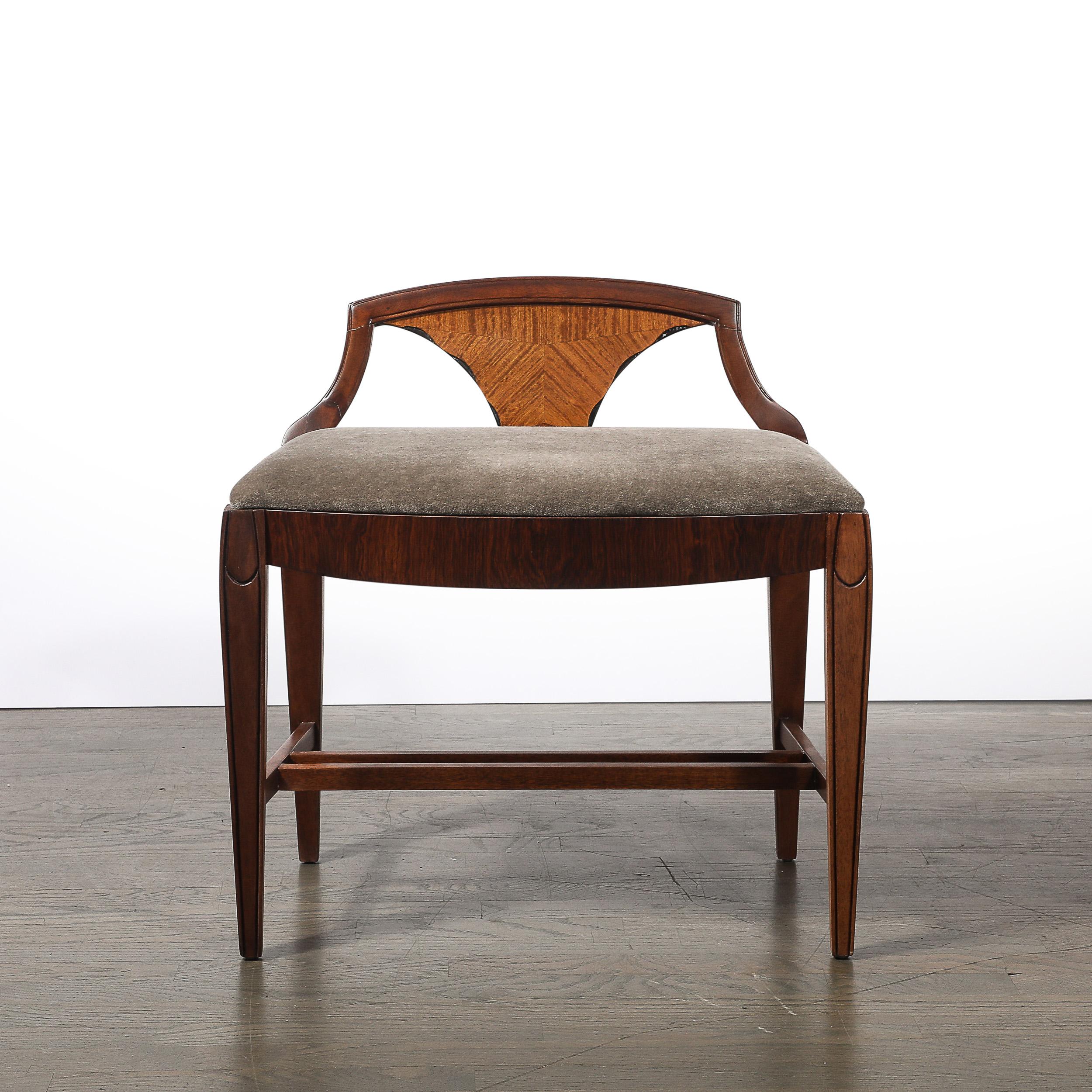 American Art Deco Book-Matched Walnut & Mohair Sculptural Bench by Grosfeld House For Sale