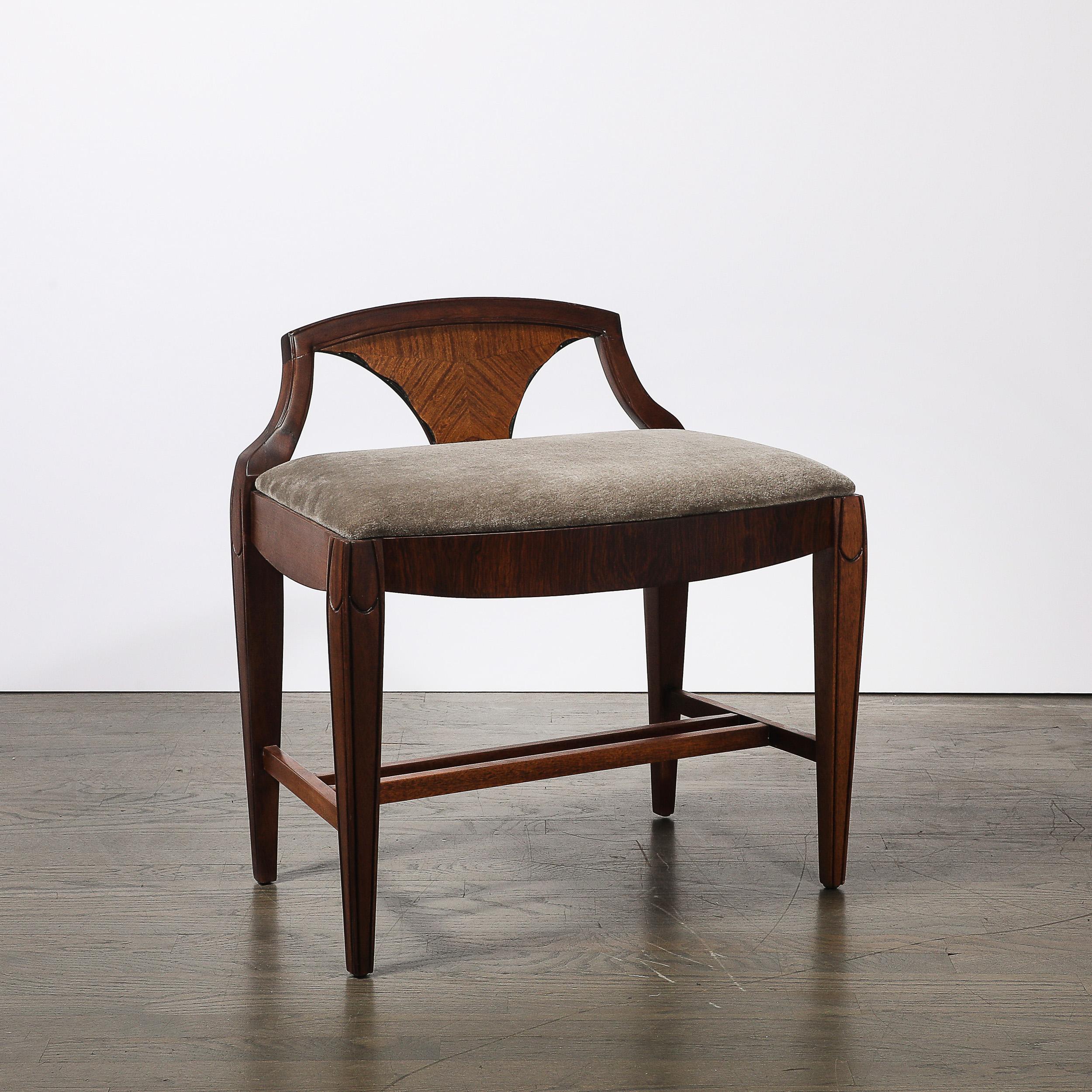 Art Deco Book-Matched Walnut & Mohair Sculptural Bench by Grosfeld House For Sale 1
