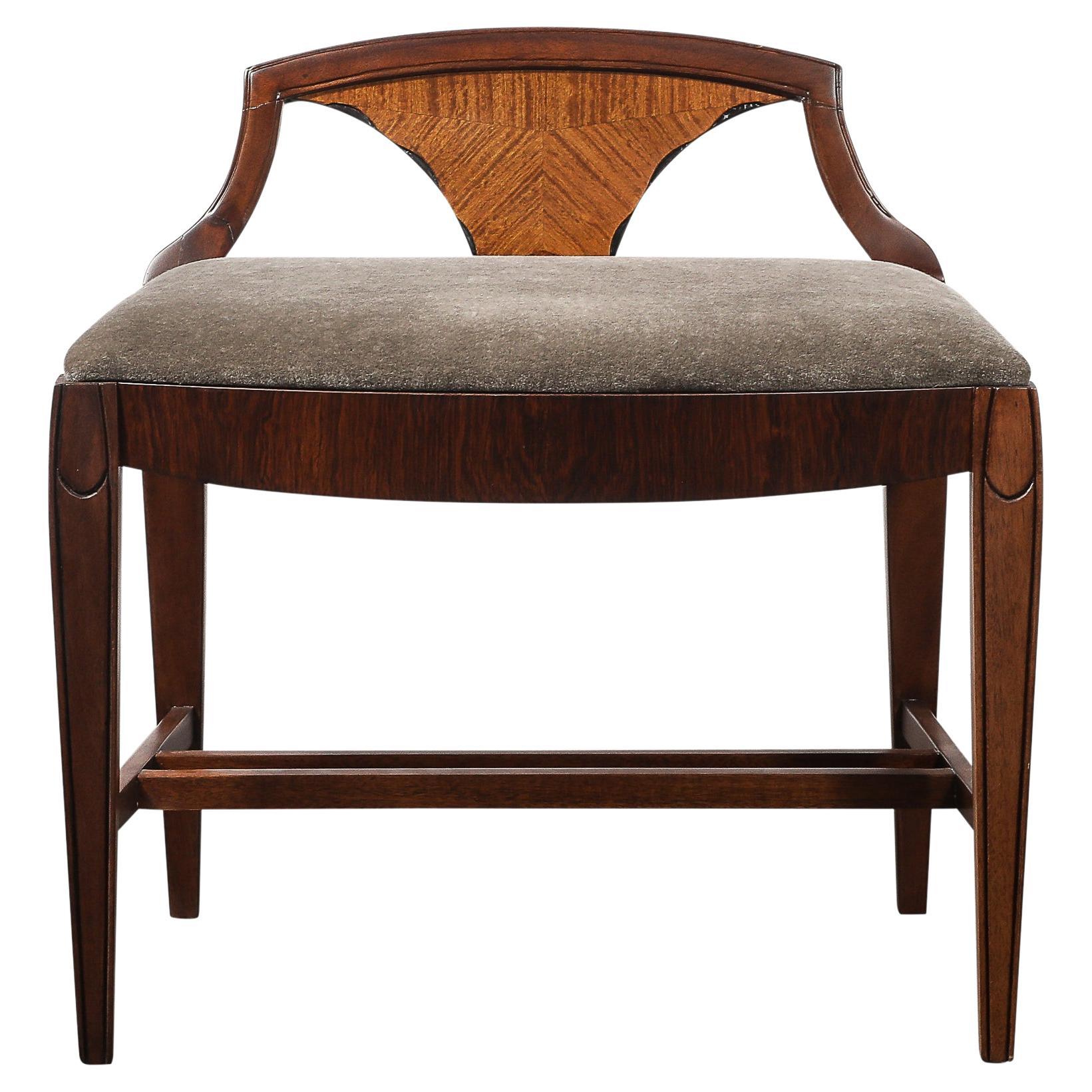 Art Deco Book-Matched Walnut & Mohair Sculptural Bench by Grosfeld House For Sale